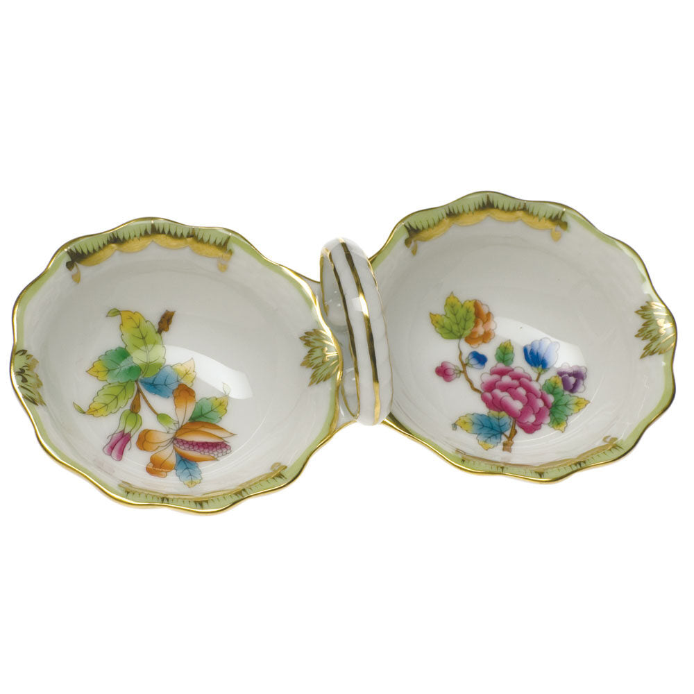 Hand-painted Herend Queen Victoria Twin Salt Salt & Pepper Shaker Set in fine porcelain, 5.5in L, on a white background