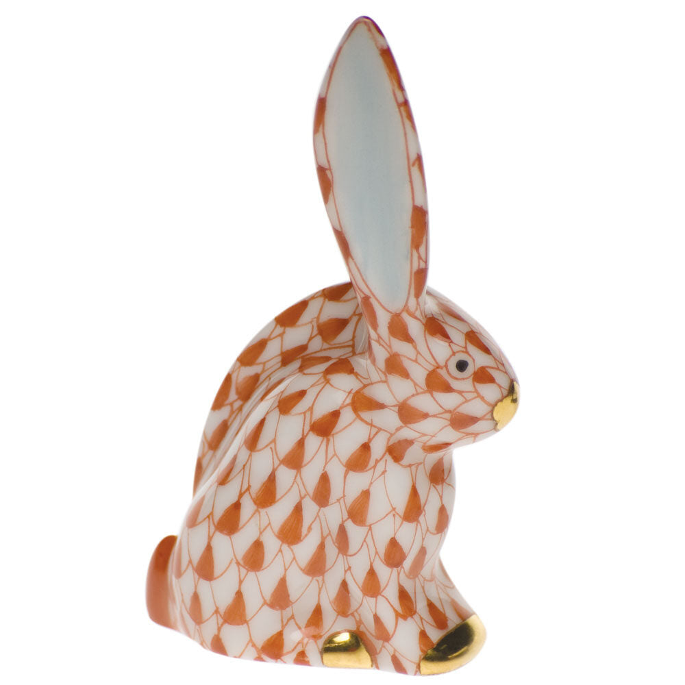 Hand-painted Herend Rabbit Miniature Figurine in Rust fishnet porcelain on a white background