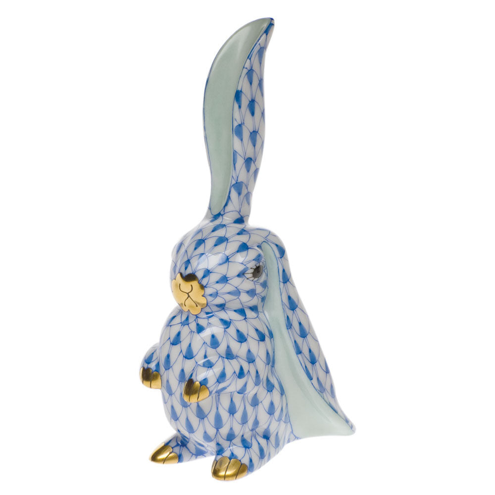 Herend Rabbit with One Ear Up Figurine porcelain figurine painted in the Blue fishnet pattern