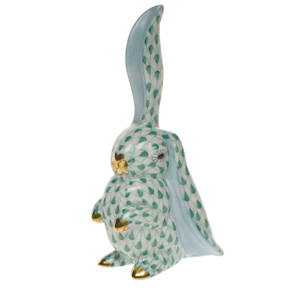 Hand-painted Herend Rabbit with One Ear Up Figurine in Green fishnet porcelain on a white background
