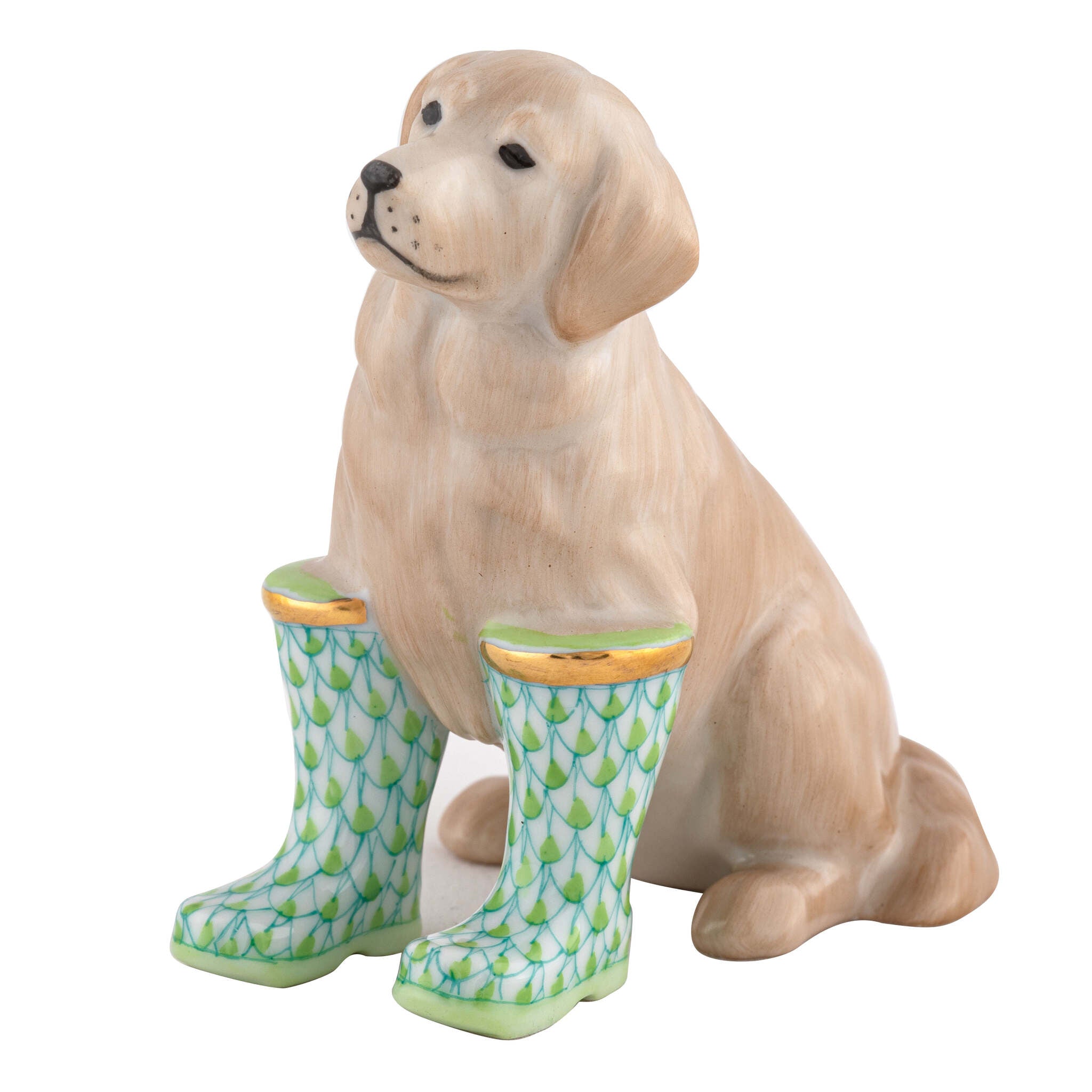 Hand-painted Herend Rainy Day Retriever Figurine in Key Lime fishnet porcelain on a white background