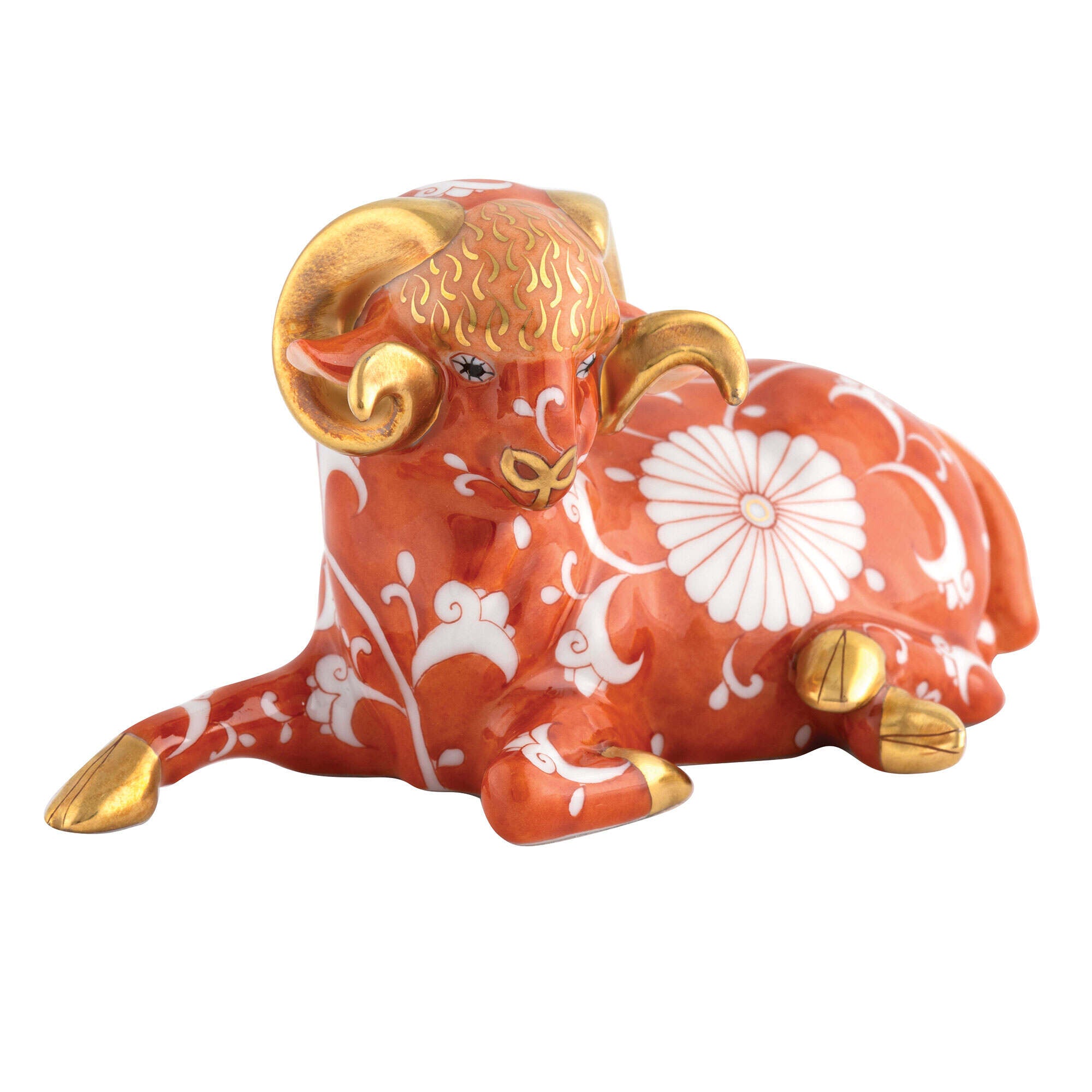 Hand-painted Herend Ram Figurine in Chrysanthemum fishnet porcelain on a white background