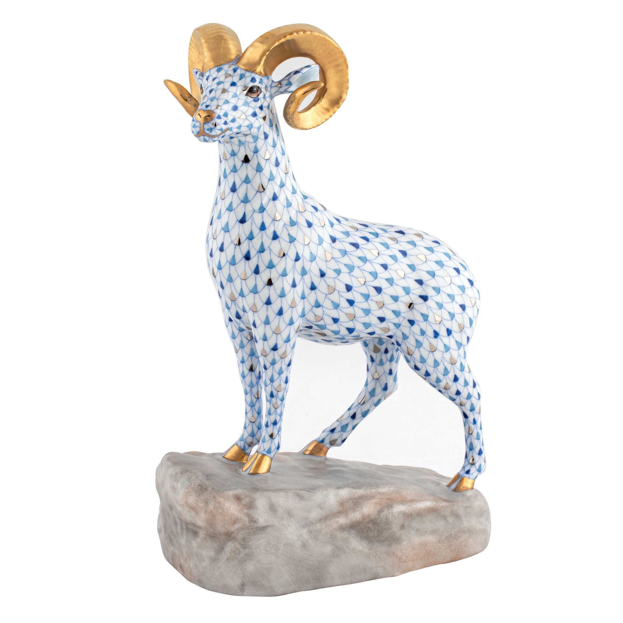 Hand-painted Herend Ram on Rock Figurine in fine porcelain, 5.5in L X 3.25in W X 8.75in H, on a white background