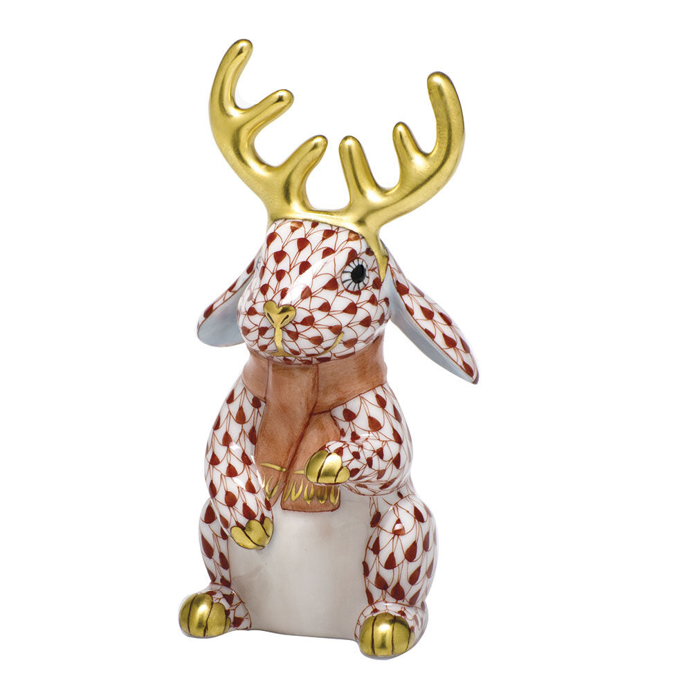 Hand-painted Herend Reindeer Rabbit Figurine in Rust fishnet porcelain on a white background