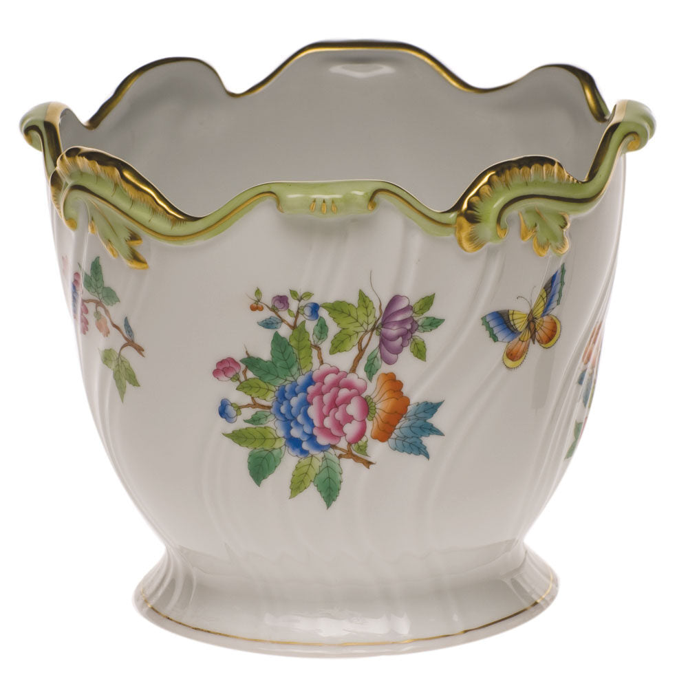 Hand-painted Herend Ribbed Cachepot in fine porcelain, 6.25in H X 7in D, on a white background