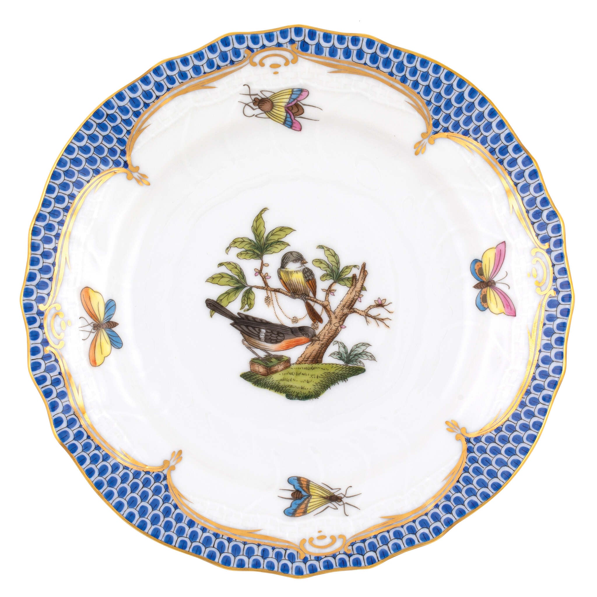 Hand-painted Herend Rothschild Bird Blue Border Bread and Butter Plate in fine porcelain, 6in D,, Motif 2, on a white background