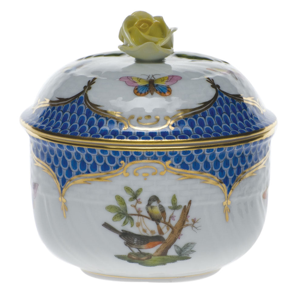 Hand-painted Herend Rothschild Bird Blue Border Covered Sugar with Rose Sugar Bowl in fine porcelain, (6 OZ) 4in H, on a white background