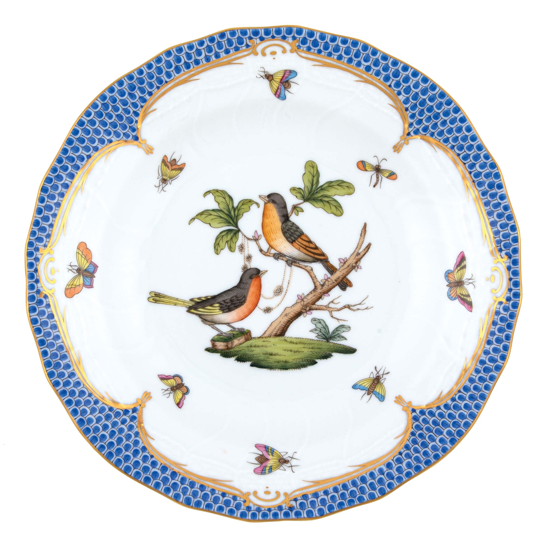 Hand-painted Herend Rothschild Bird Blue Border Dessert Plate in fine porcelain, 8.25in D,, Motif 8, on a white background