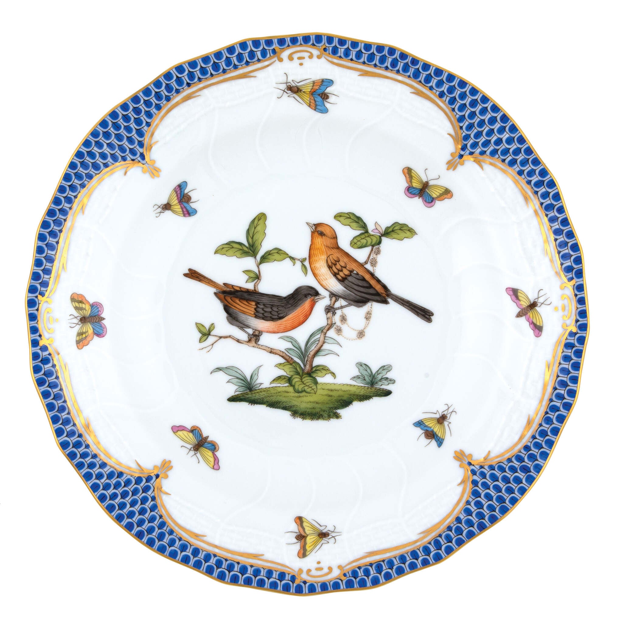 Hand-painted Herend Rothschild Bird Blue Border Dessert Plate in fine porcelain, 8.25in D,, Motif 9, on a white background