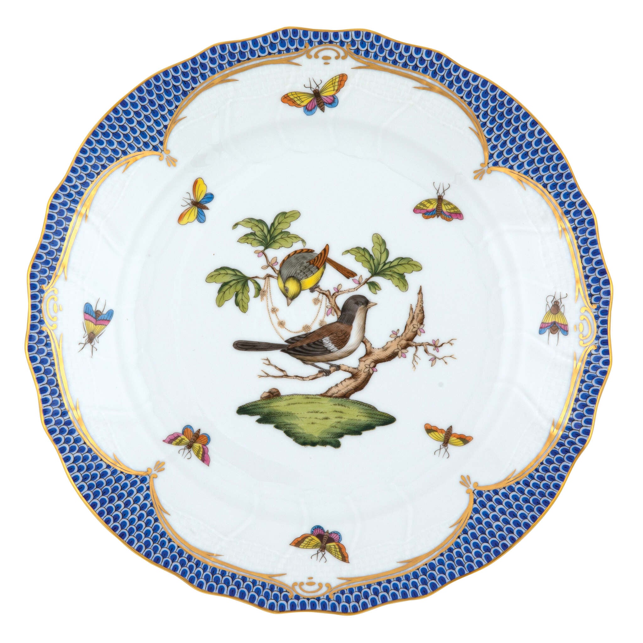 Hand-painted Herend Rothschild Bird Blue Border Dinner Plate in fine porcelain, 10.5in D,, Motif 1, on a white background
