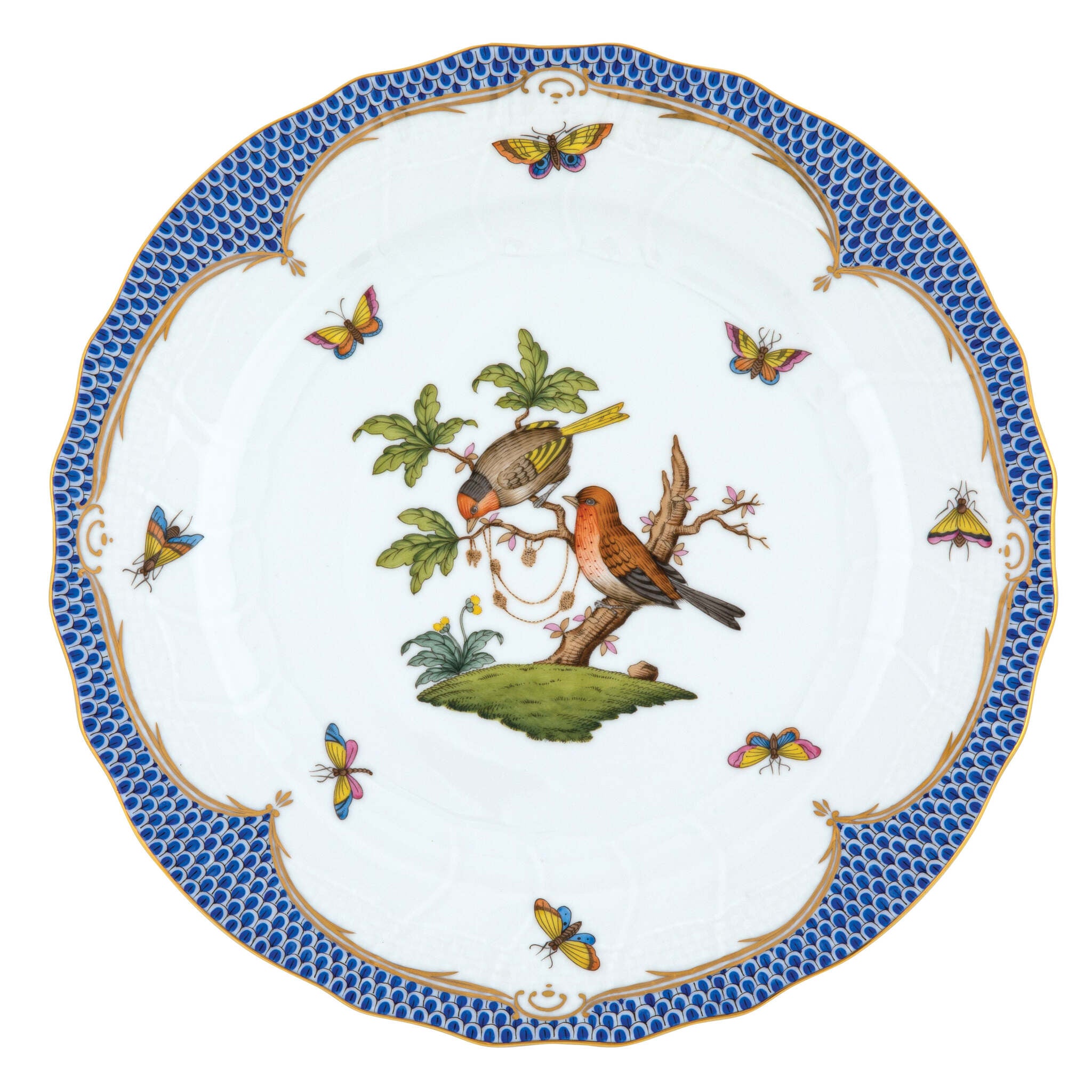 Hand-painted Herend Rothschild Bird Blue Border Dinner Plate in fine porcelain, 10.5in D,, Motif 10, on a white background