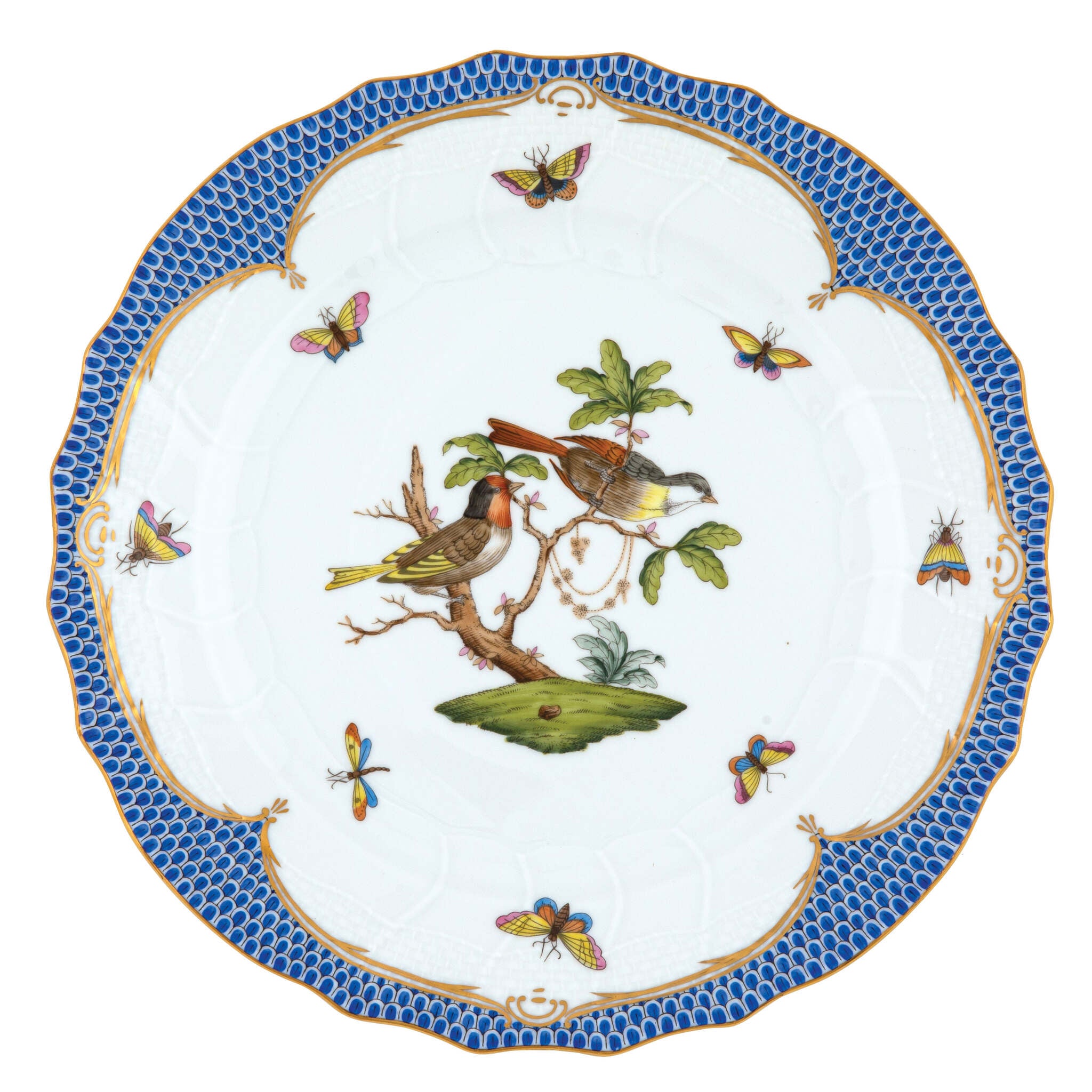 Hand-painted Herend Rothschild Bird Blue Border Dinner Plate in fine porcelain, 10.5in D,, Motif 11, on a white background