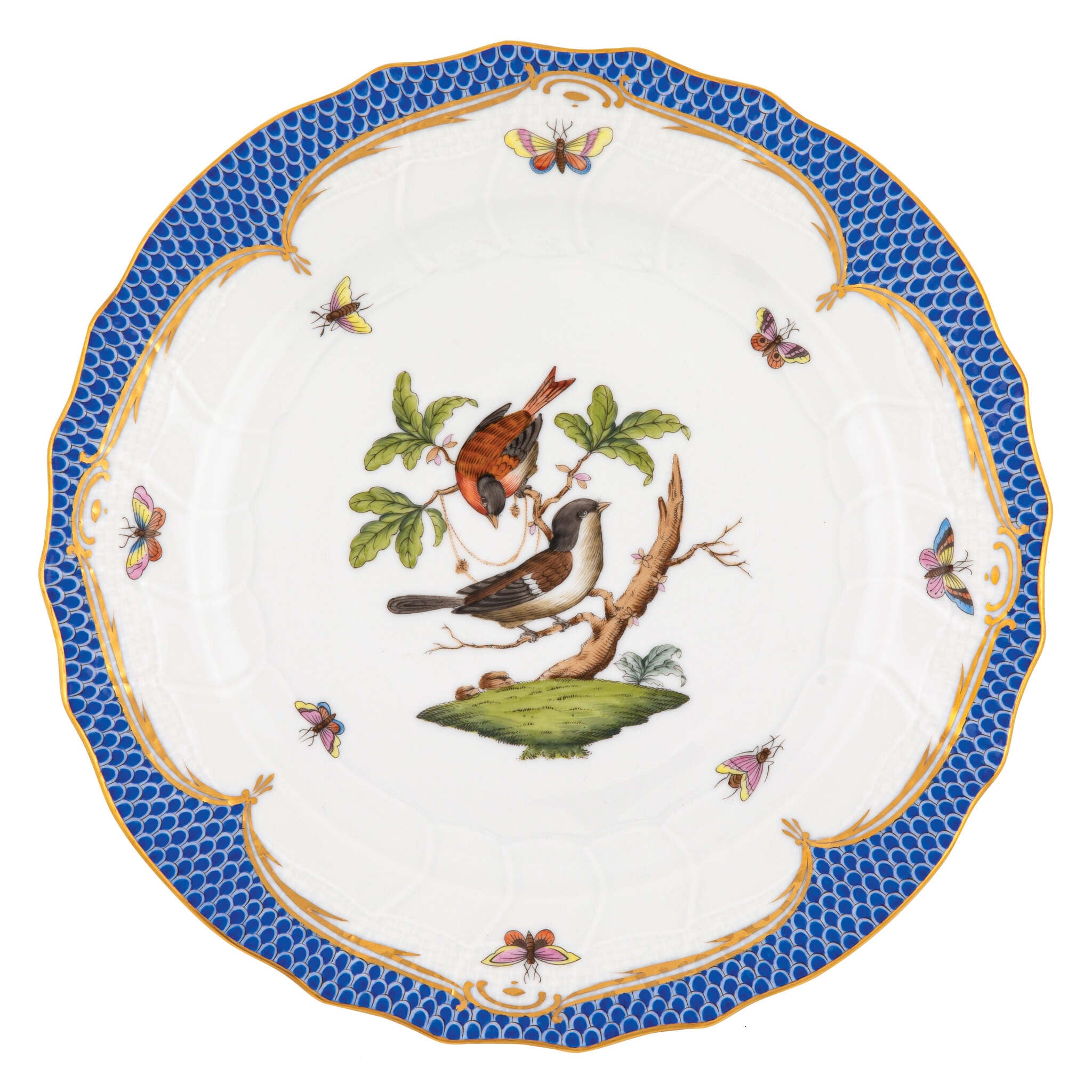 Hand-painted Herend Rothschild Bird Blue Border Dinner Plate in fine porcelain, 10.5in D,, Motif 4, on a white background