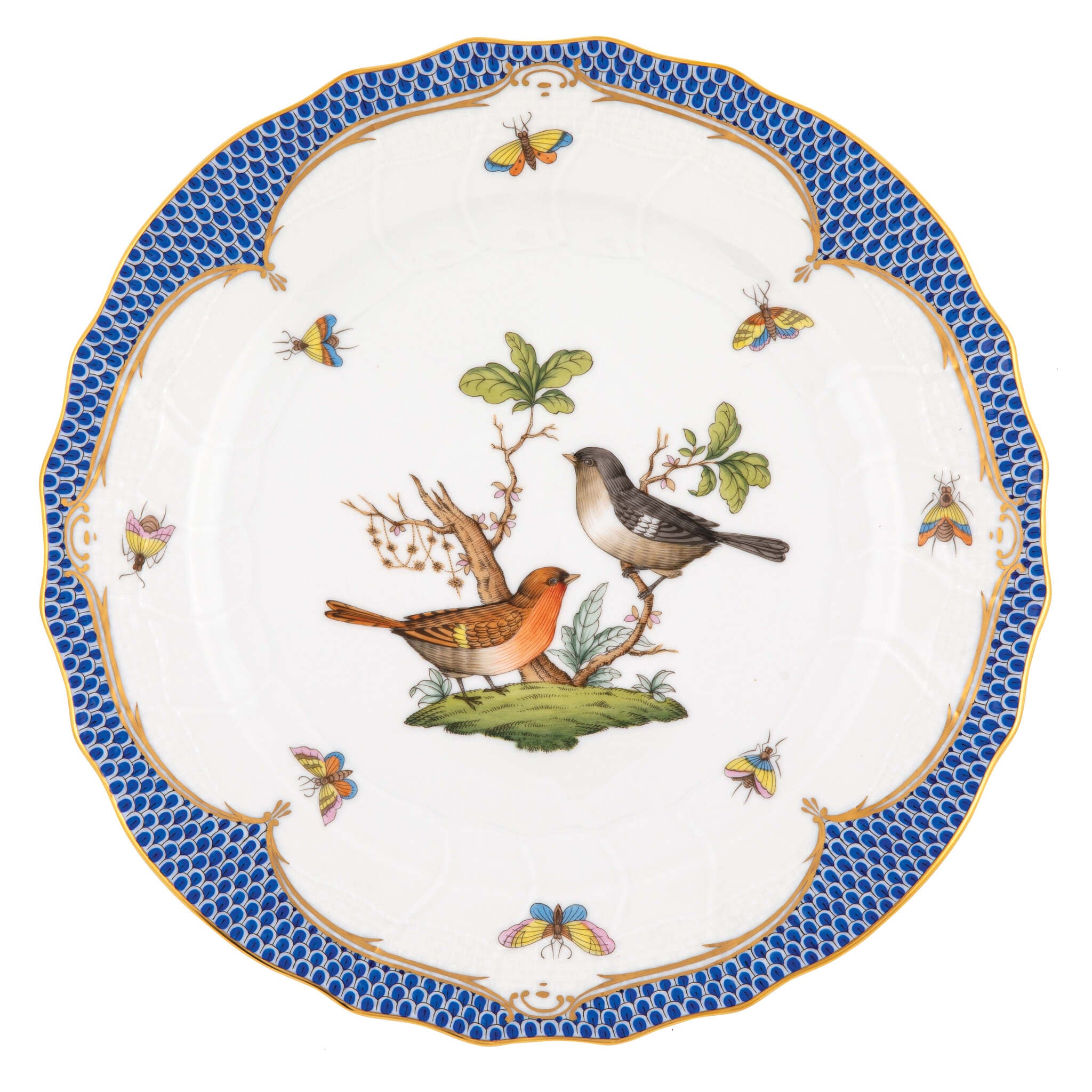 Hand-painted Herend Rothschild Bird Blue Border Dinner Plate in fine porcelain, 10.5in D,, Motif 5, on a white background