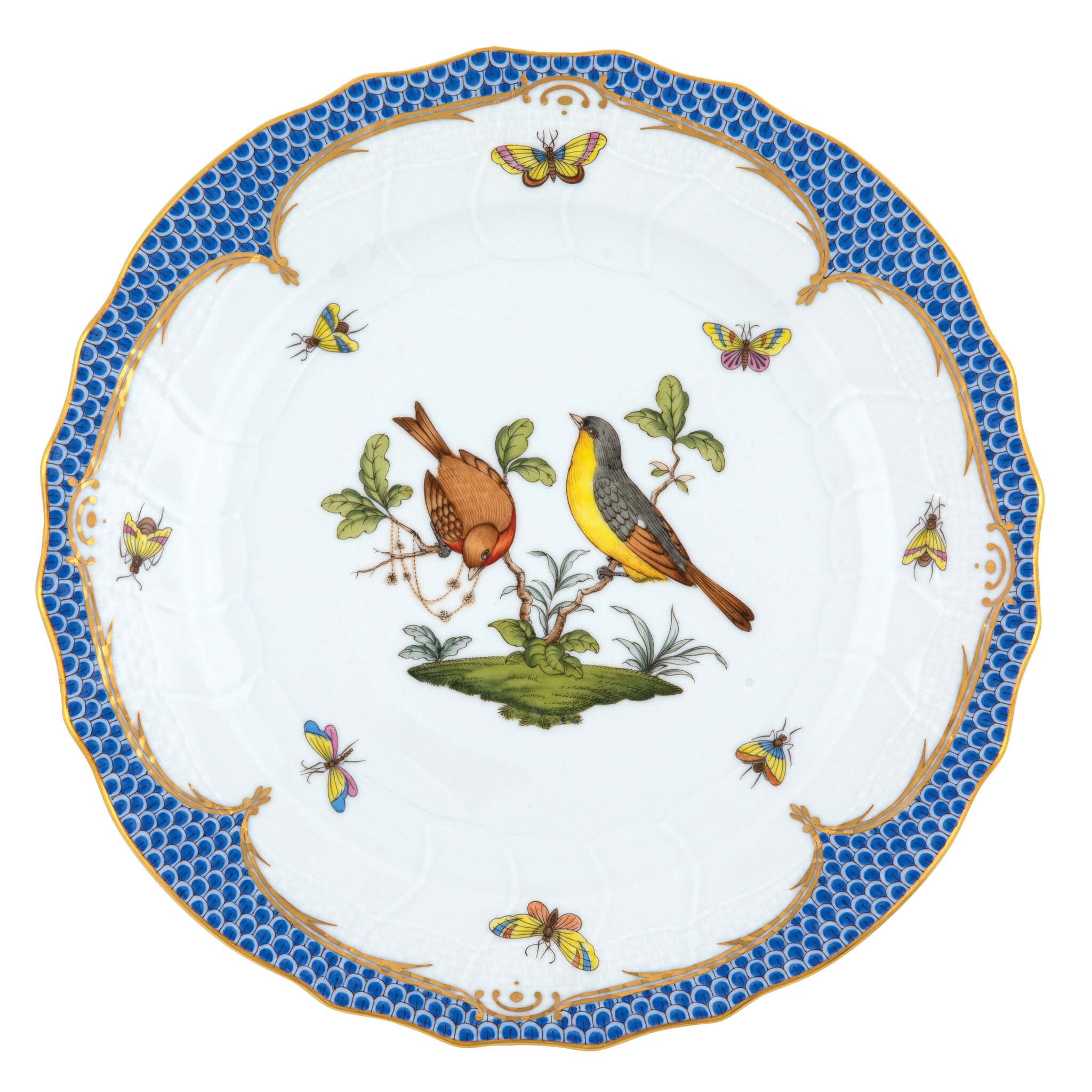 Hand-painted Herend Rothschild Bird Blue Border Dinner Plate in fine porcelain, 10.5in D,, Motif 7, on a white background