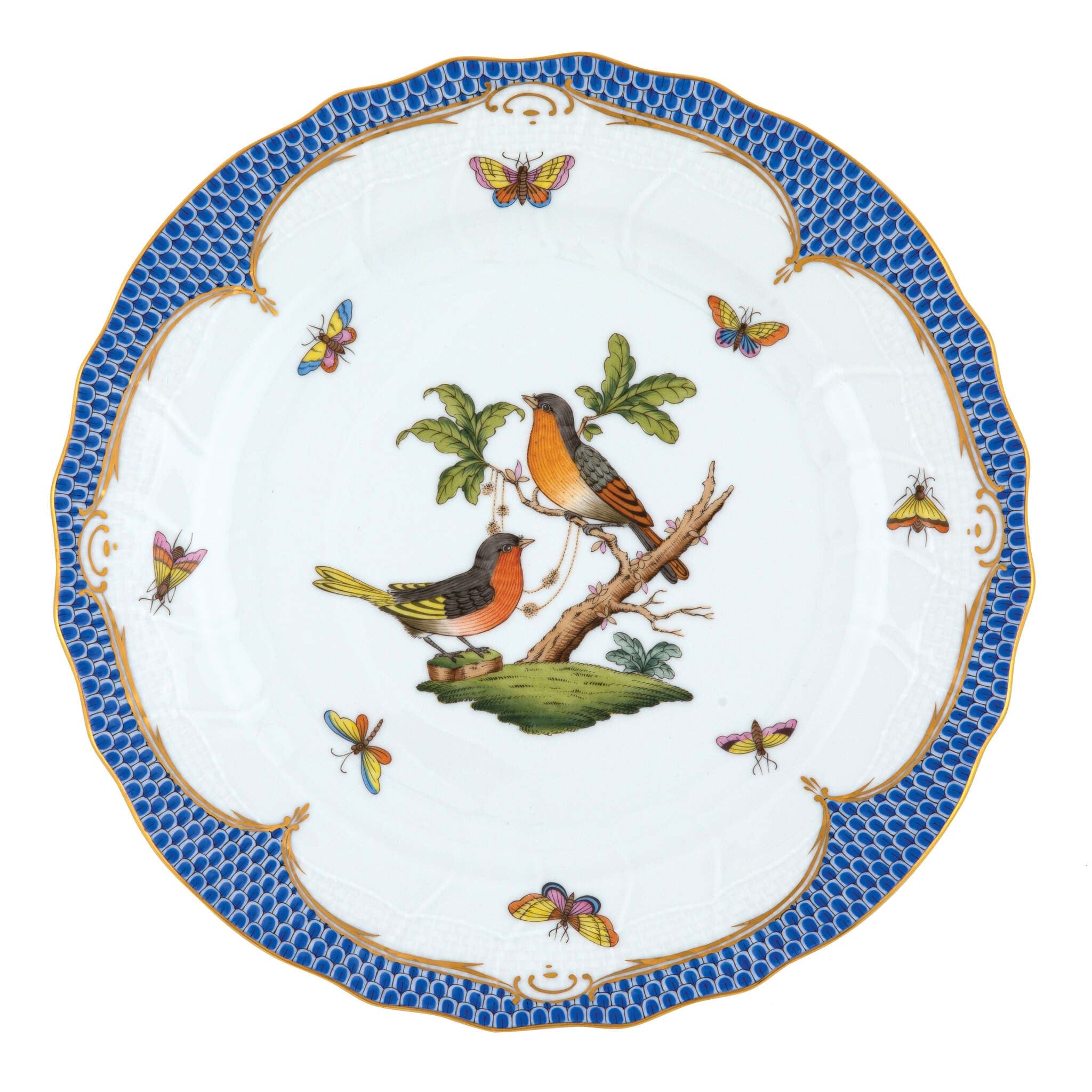 Hand-painted Herend Rothschild Bird Blue Border Dinner Plate in fine porcelain, 10.5in D,, Motif 8, on a white background