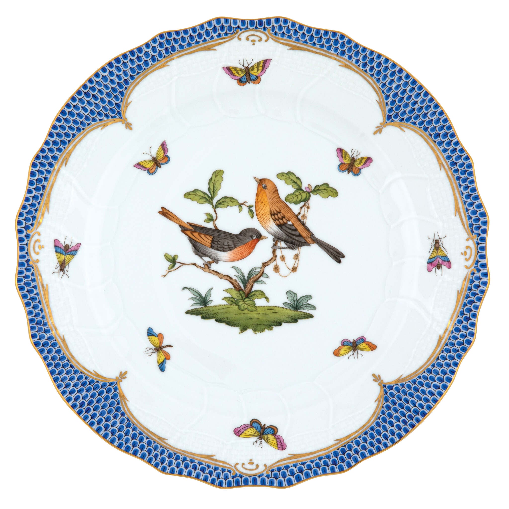 Hand-painted Herend Rothschild Bird Blue Border Dinner Plate in fine porcelain, 10.5in D,, Motif 9, on a white background