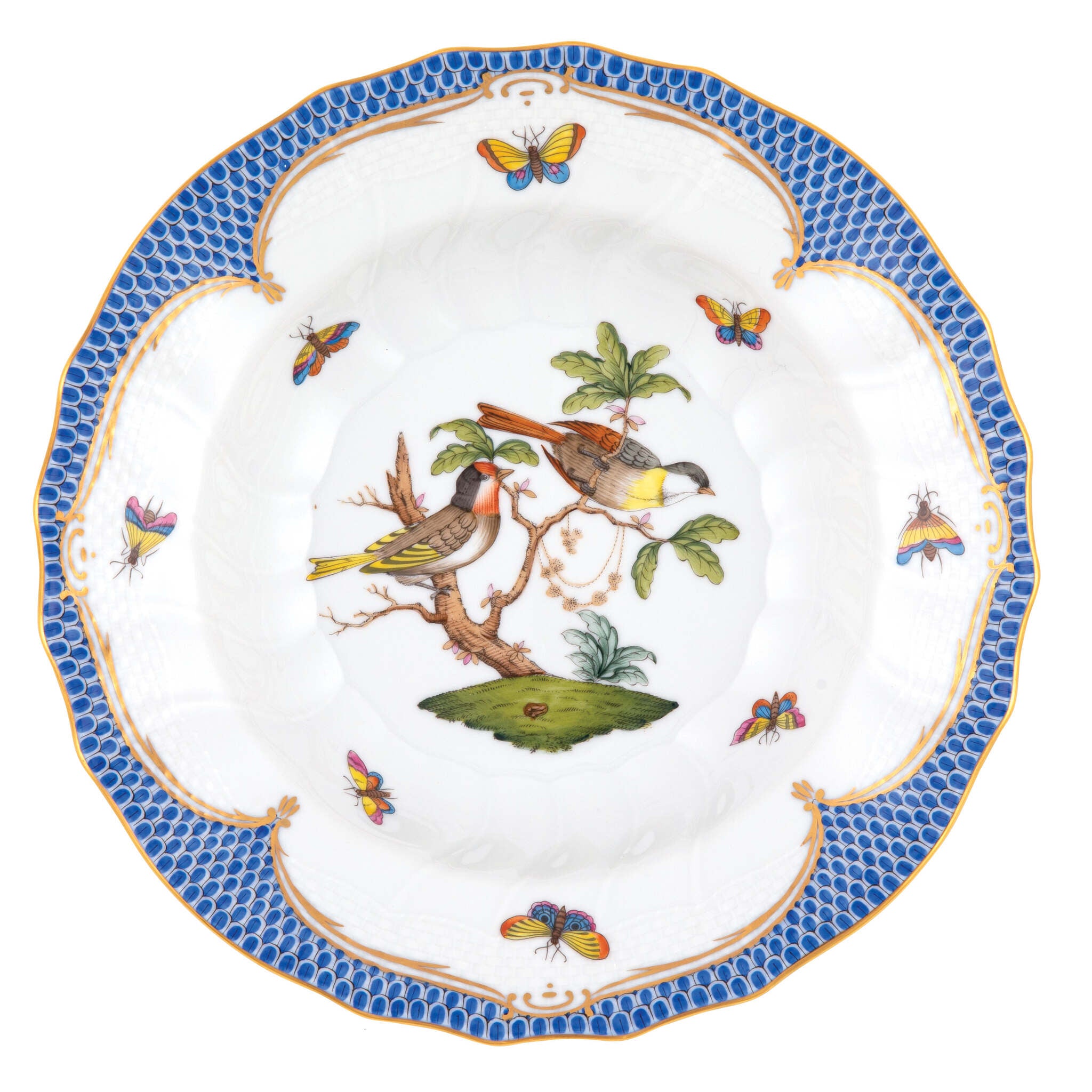 Hand-painted Herend Rothschild Bird Blue Border Rim Soup Soup Plates & Rimmed Soup Bowl in fine porcelain, 9.5in D,, Motif 11, on a white background