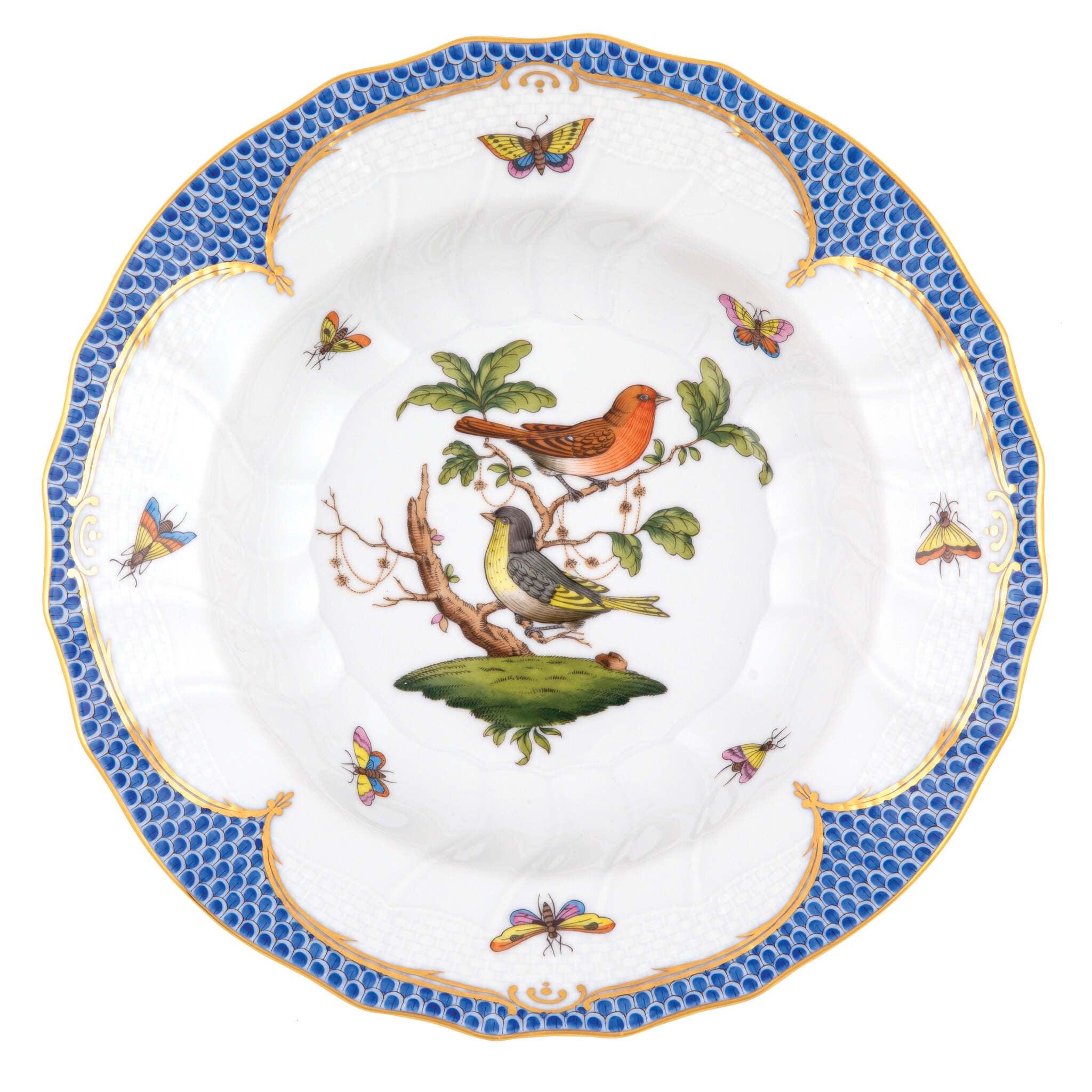 Hand-painted Herend Rothschild Bird Blue Border Rim Soup Soup Plates & Rimmed Soup Bowl in fine porcelain, 9.5in D,, Motif 3, on a white background