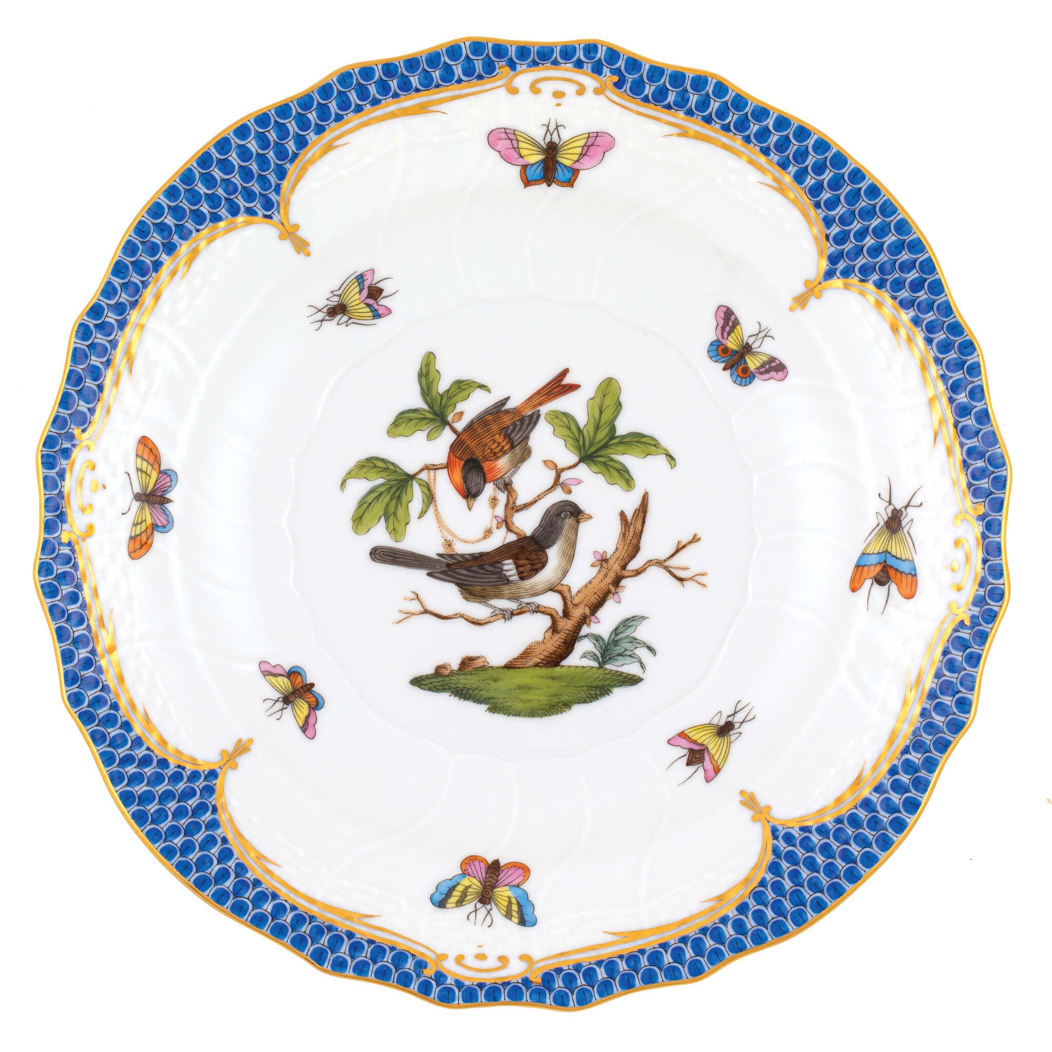 Hand-painted Herend Rothschild Bird Blue Border Salad Plate in fine porcelain, 7.5in D,, Motif 4, on a white background