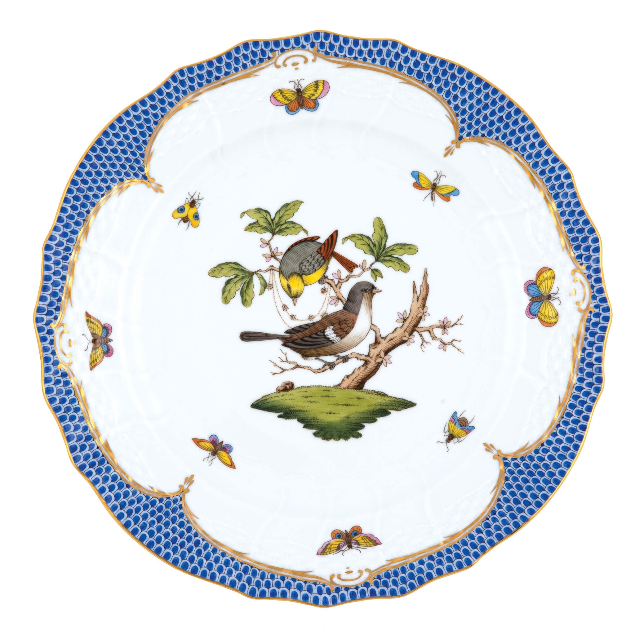 Hand-painted Herend Rothschild Bird Blue Border Service Plate in fine porcelain, 11in D,, Motif 1, on a white background