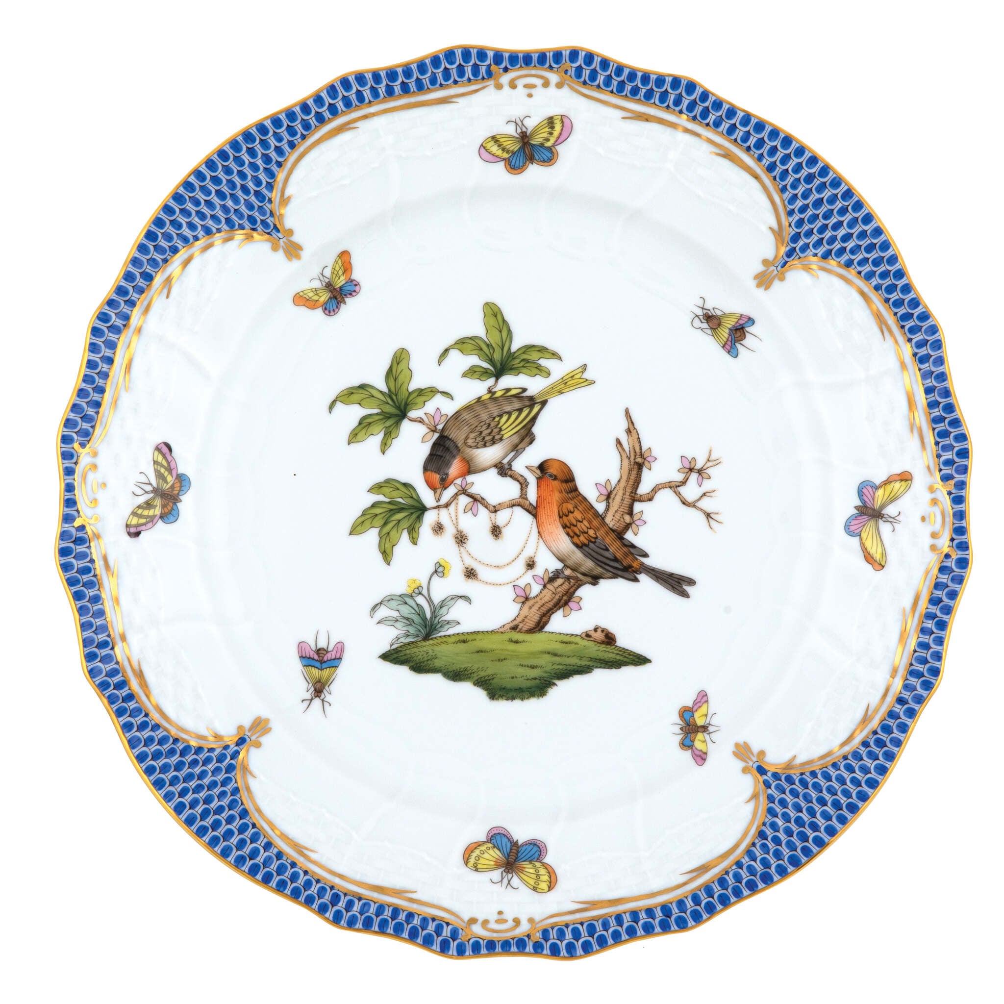 Hand-painted Herend Rothschild Bird Blue Border Service Plate in fine porcelain, 11in D,, Motif 10, on a white background