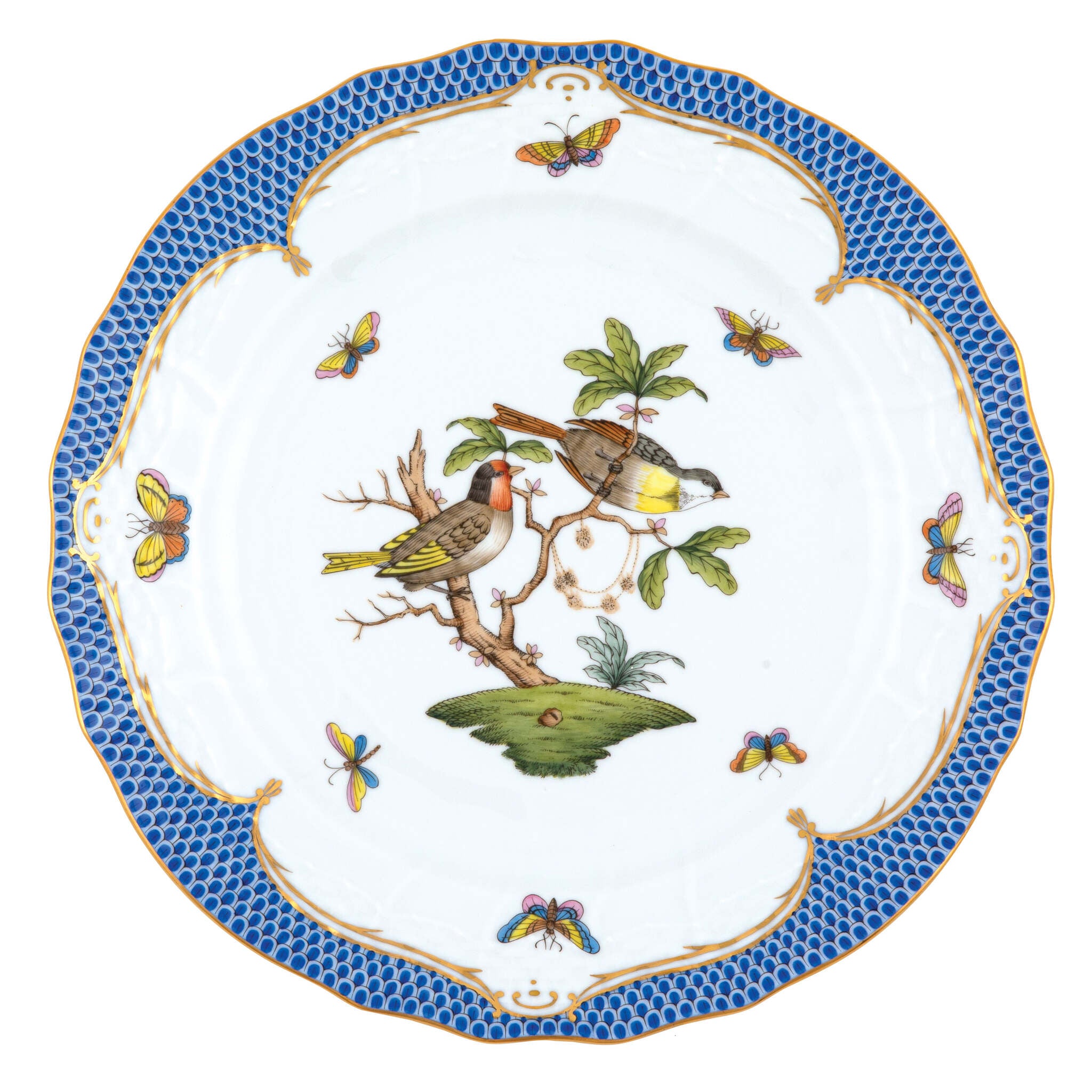 Hand-painted Herend Rothschild Bird Blue Border Service Plate in fine porcelain, 11in D,, Motif 11, on a white background