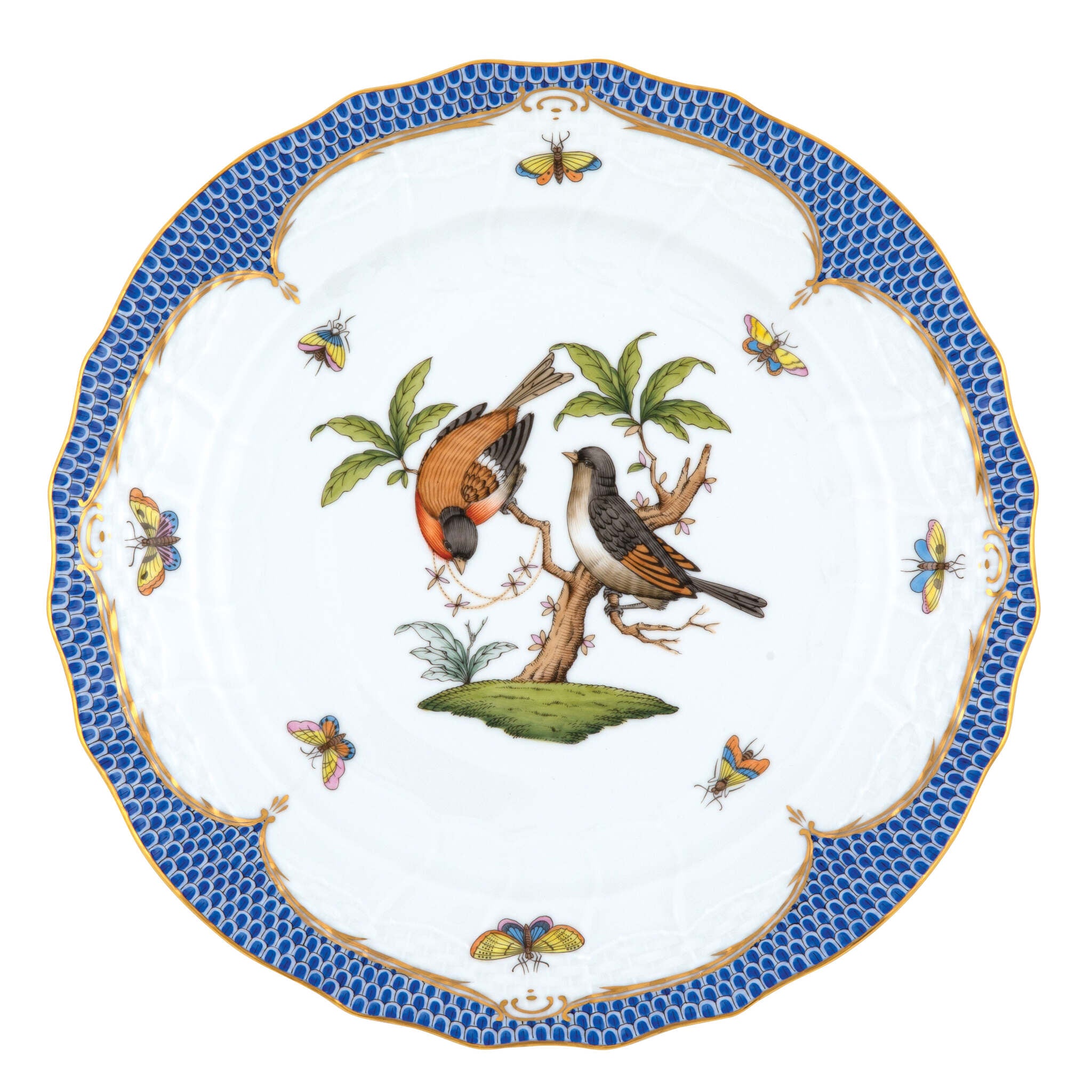 Hand-painted Herend Rothschild Bird Blue Border Service Plate in fine porcelain, 11in D,, Motif 12, on a white background