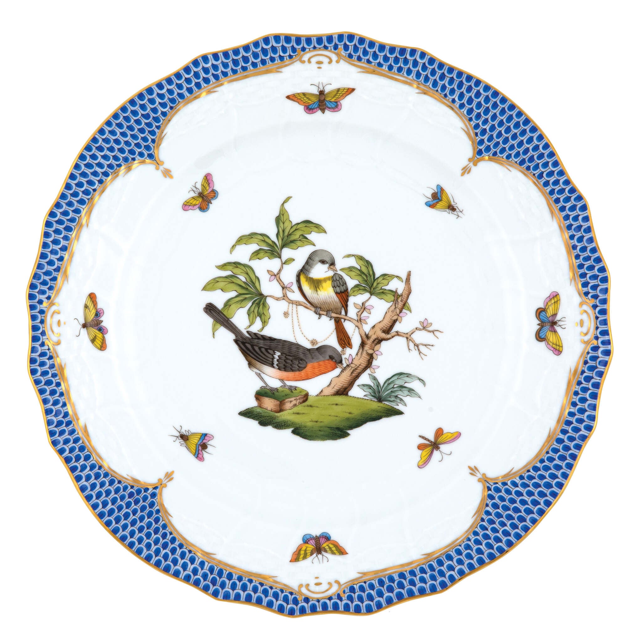 Hand-painted Herend Rothschild Bird Blue Border Service Plate in fine porcelain, 11in D,, Motif 2, on a white background