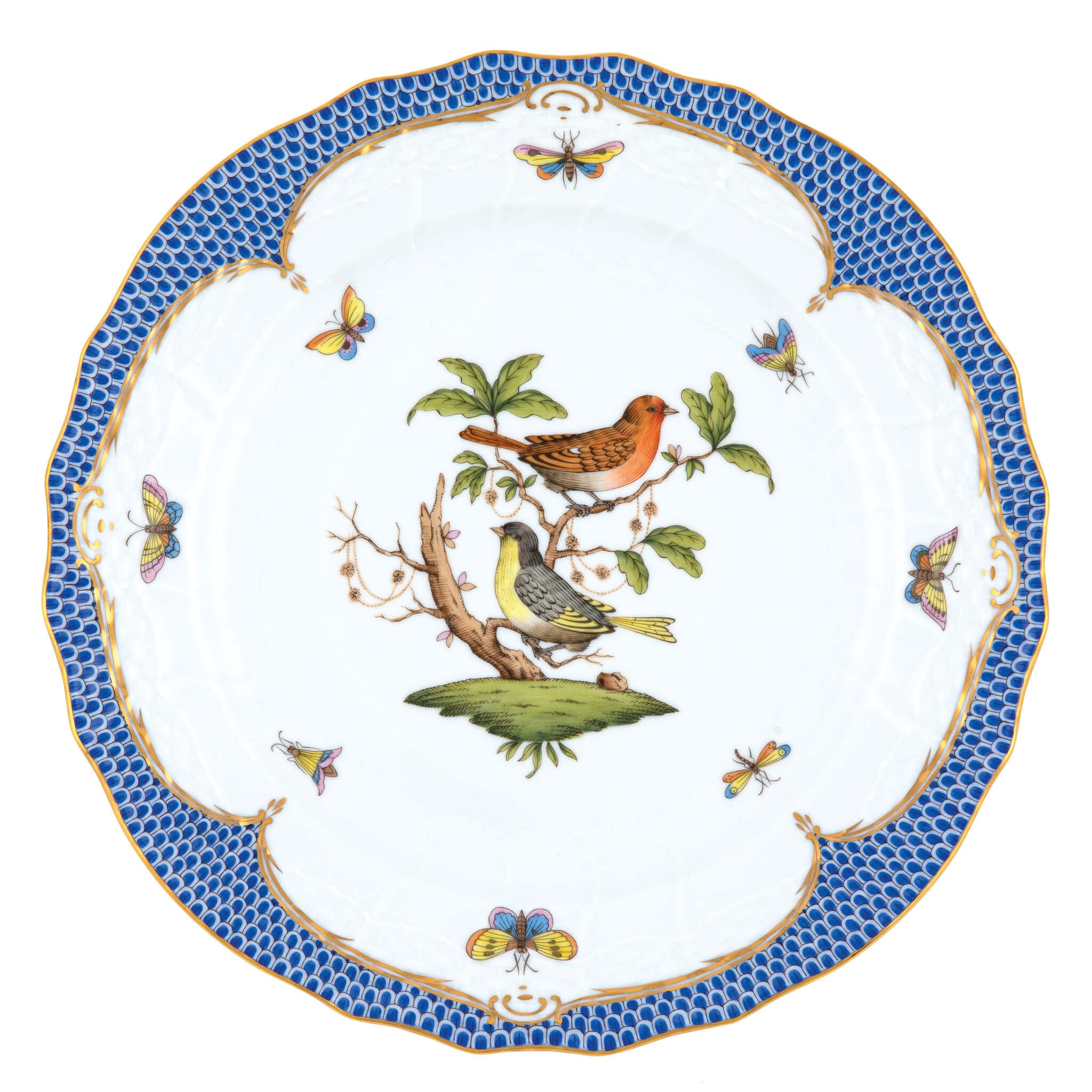 Hand-painted Herend Rothschild Bird Blue Border Service Plate in fine porcelain, 11in D,, Motif 3, on a white background