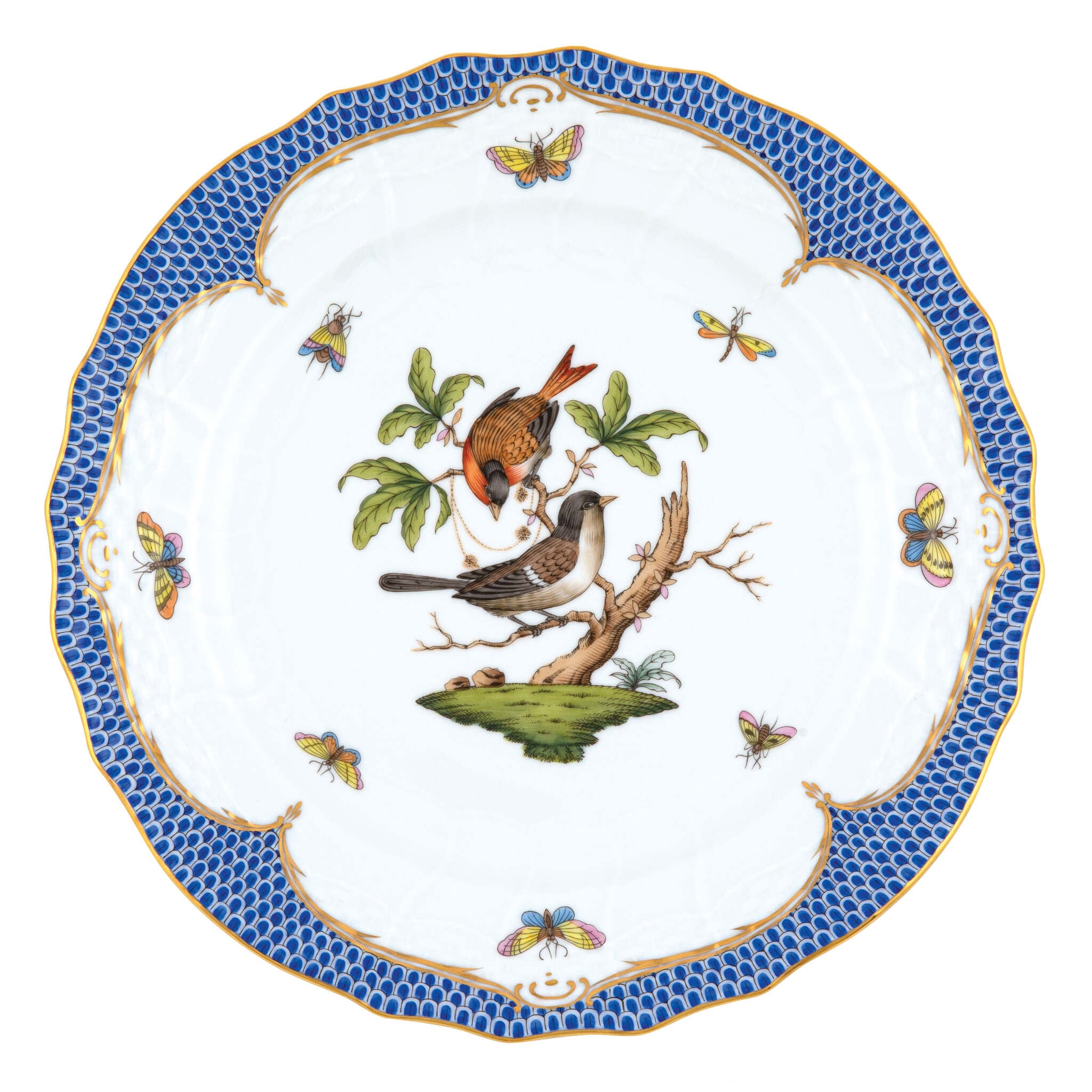 Hand-painted Herend Rothschild Bird Blue Border Service Plate in fine porcelain, 11in D,, Motif 4, on a white background