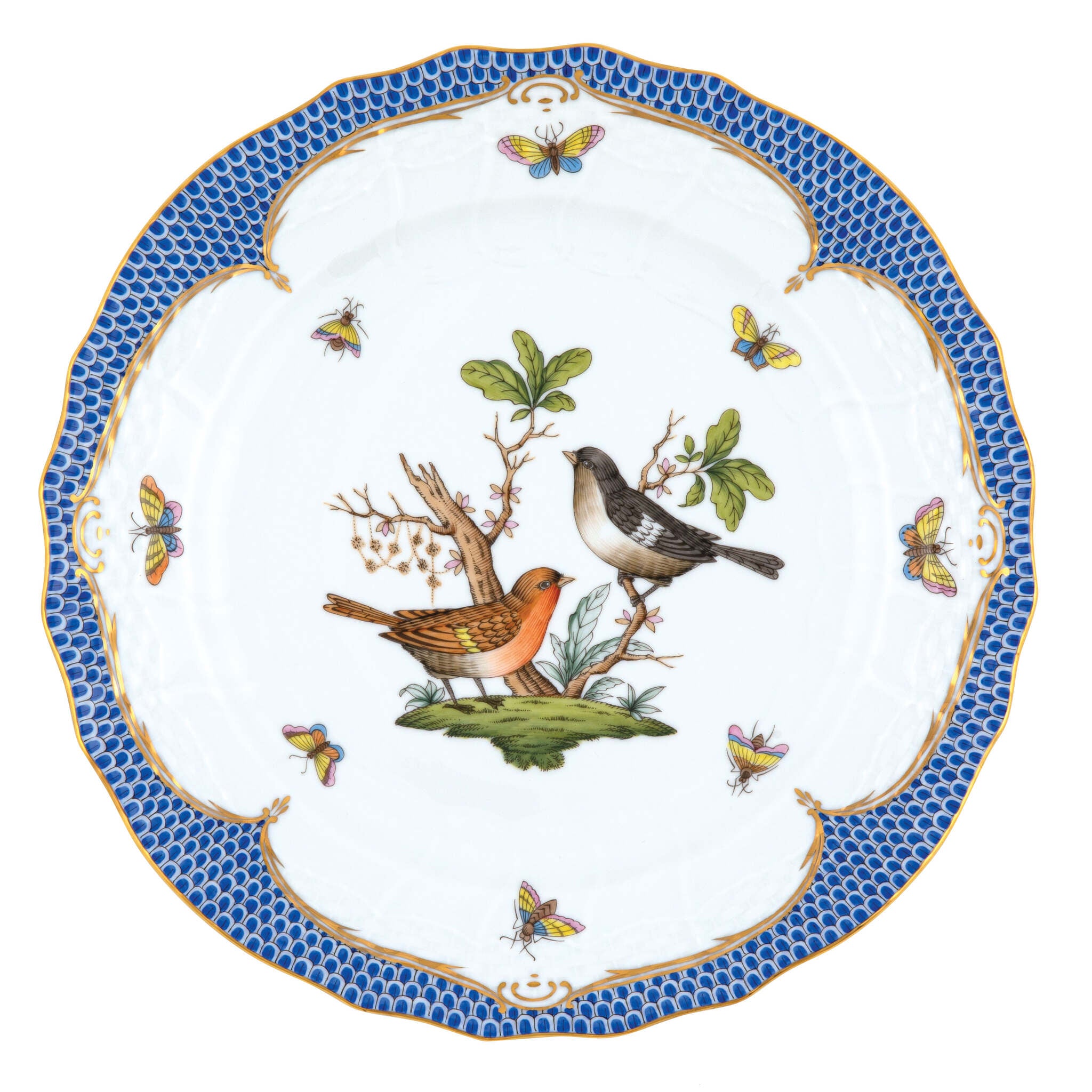 Hand-painted Herend Rothschild Bird Blue Border Service Plate in fine porcelain, 11in D,, Motif 5, on a white background