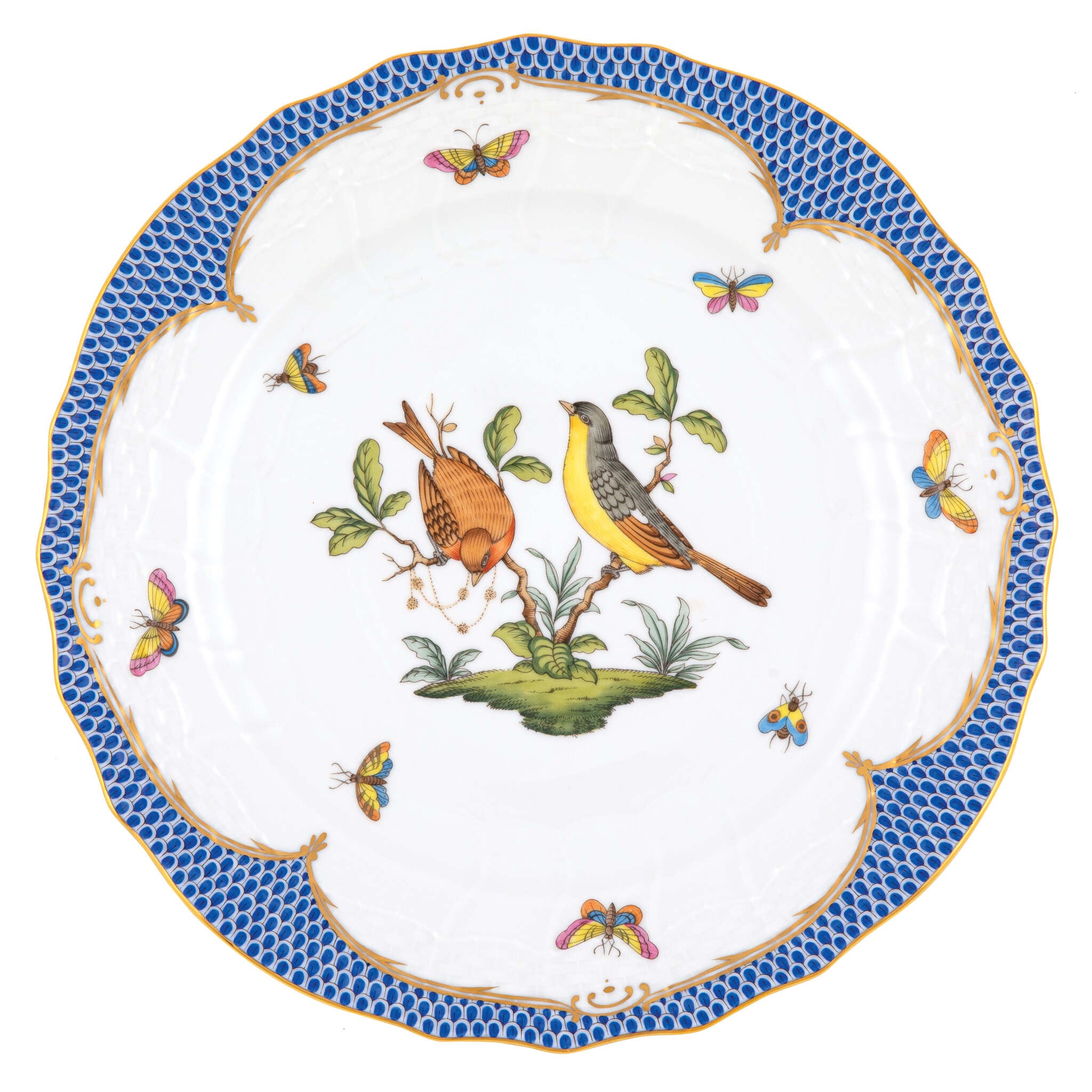 Hand-painted Herend Rothschild Bird Blue Border Service Plate in fine porcelain, 11in D,, Motif 7, on a white background