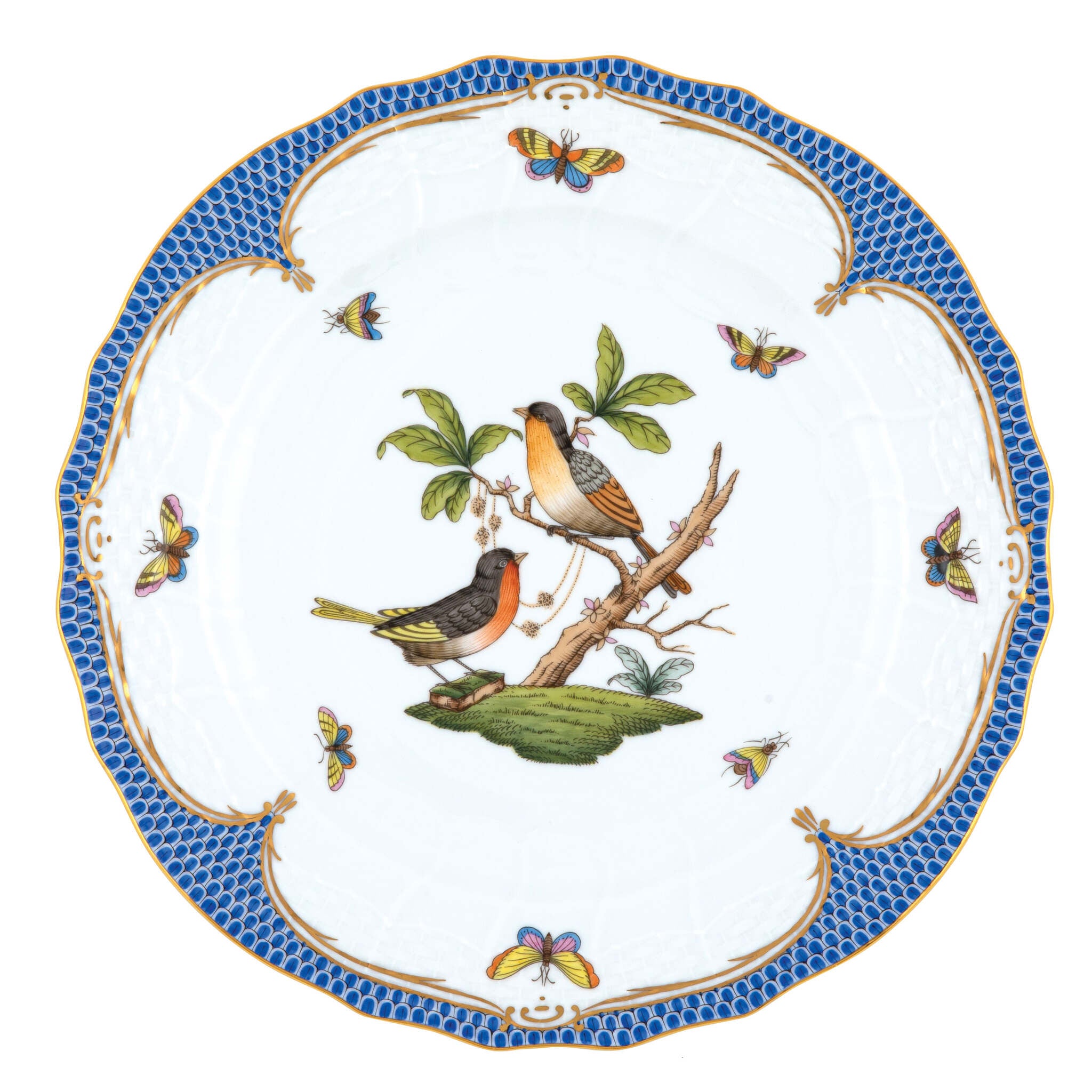 Hand-painted Herend Rothschild Bird Blue Border Service Plate in fine porcelain, 11in D,, Motif 8, on a white background