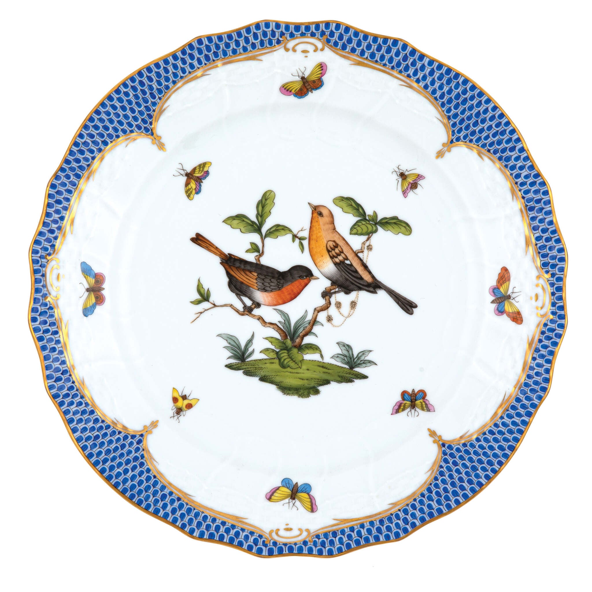 Hand-painted Herend Rothschild Bird Blue Border Service Plate in fine porcelain, 11in D,, Motif 9, on a white background