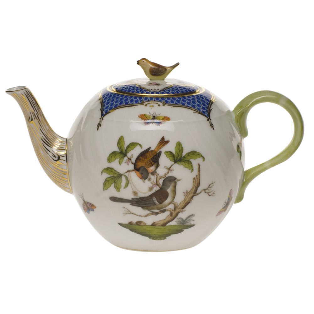 Hand-painted Herend Rothschild Bird Blue Border Tea Pot with Bird Teapot in fine porcelain, (36 OZ) 5.5in H, on a white background
