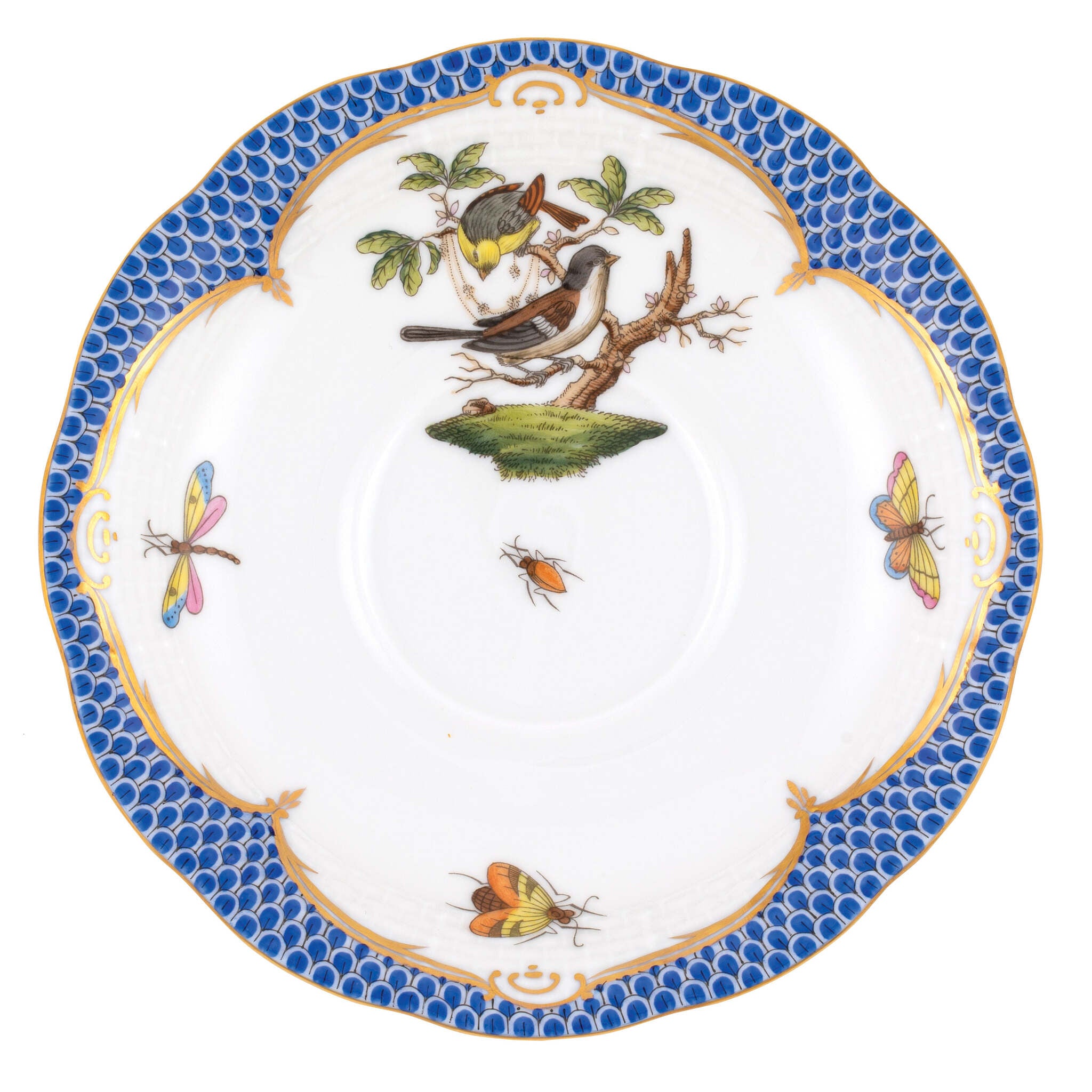 Hand-painted Herend Rothschild Bird Blue Border Tea Saucer Cup & Saucer Set in fine porcelain, 6in D,, Motif 1, on a white background