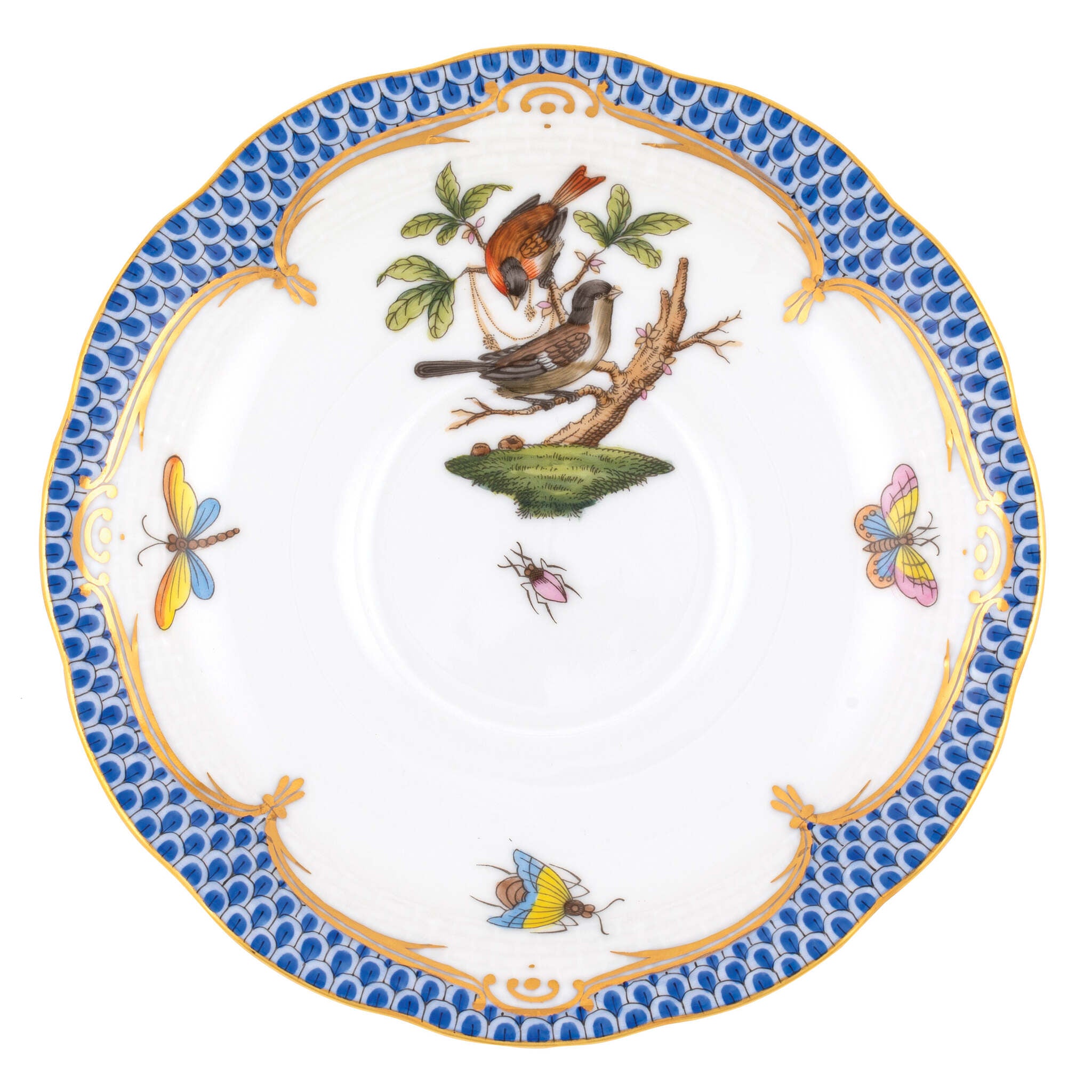 Hand-painted Herend Rothschild Bird Blue Border Tea Saucer Cup & Saucer Set in fine porcelain, 6in D,, Motif 4, on a white background