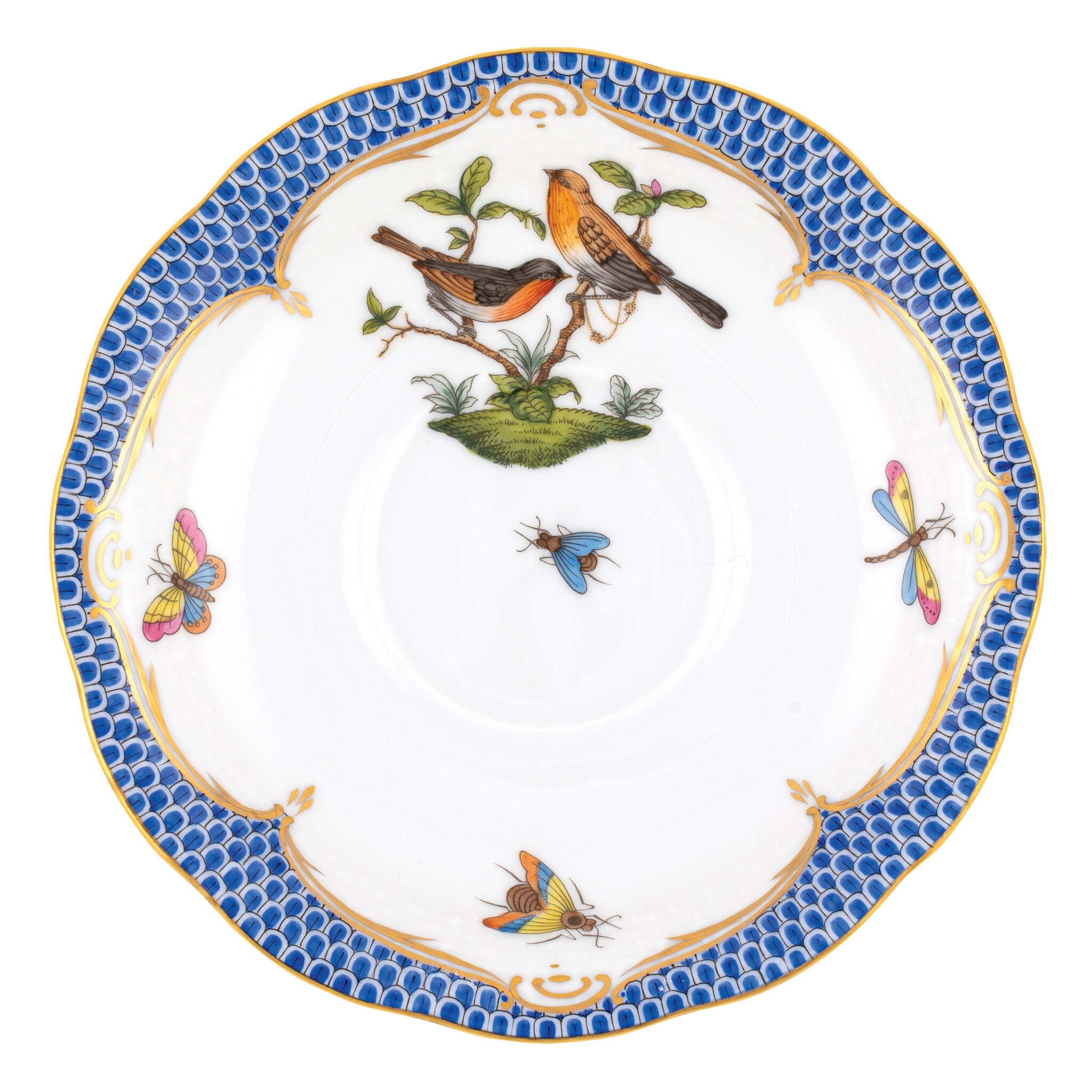Hand-painted Herend Rothschild Bird Blue Border Tea Saucer Cup & Saucer Set in fine porcelain, 6in D,, Motif 9, on a white background