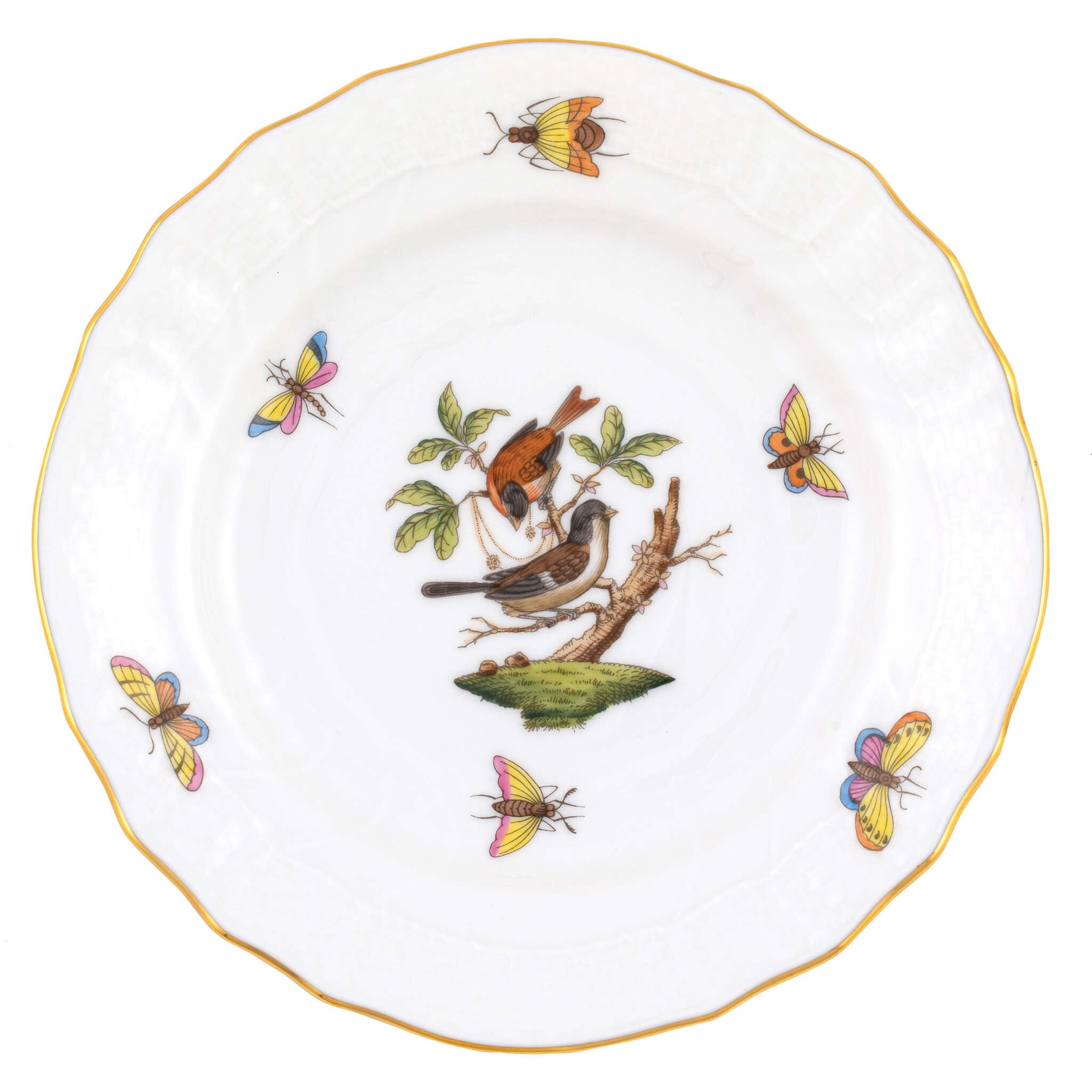 Hand-painted Herend Rothschild Bird Bread and Butter Plate in fine porcelain, 6in D,, Motif 4, on a white background