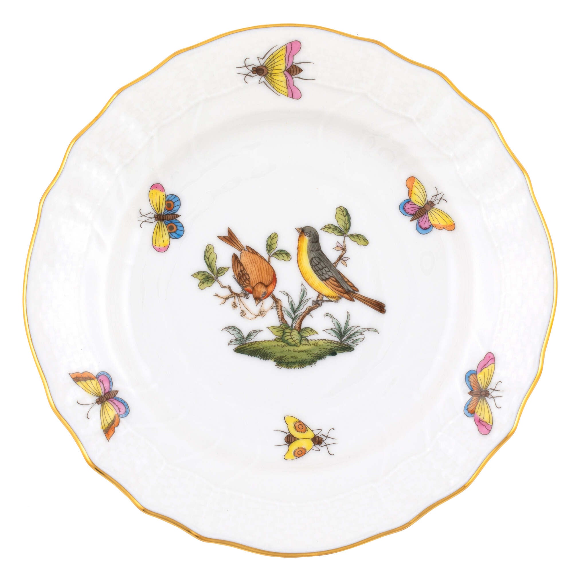 Hand-painted Herend Rothschild Bird Bread and Butter Plate in fine porcelain, 6in D,, Motif 7, on a white background