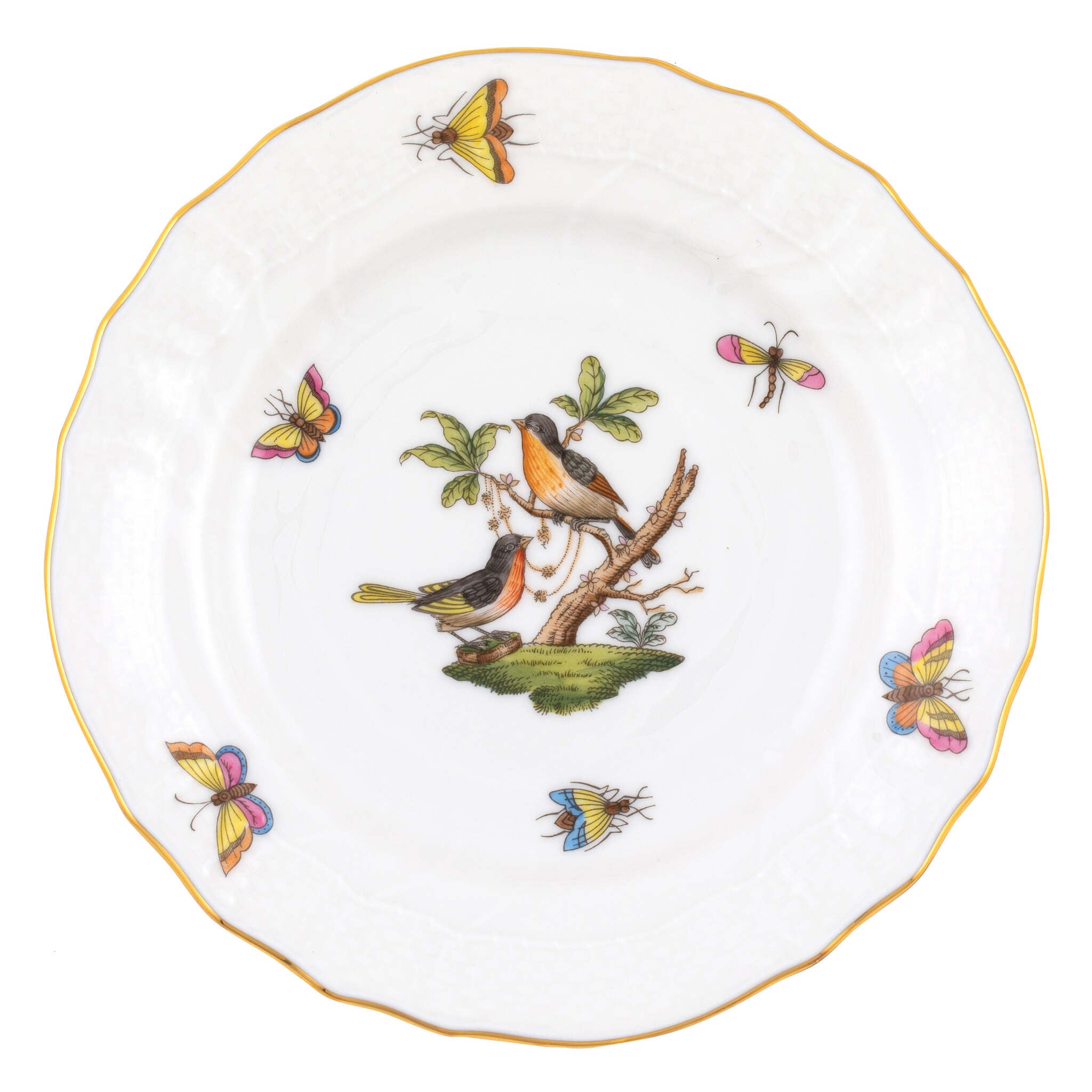 Hand-painted Herend Rothschild Bird Bread and Butter Plate in fine porcelain, 6in D,, Motif 8, on a white background
