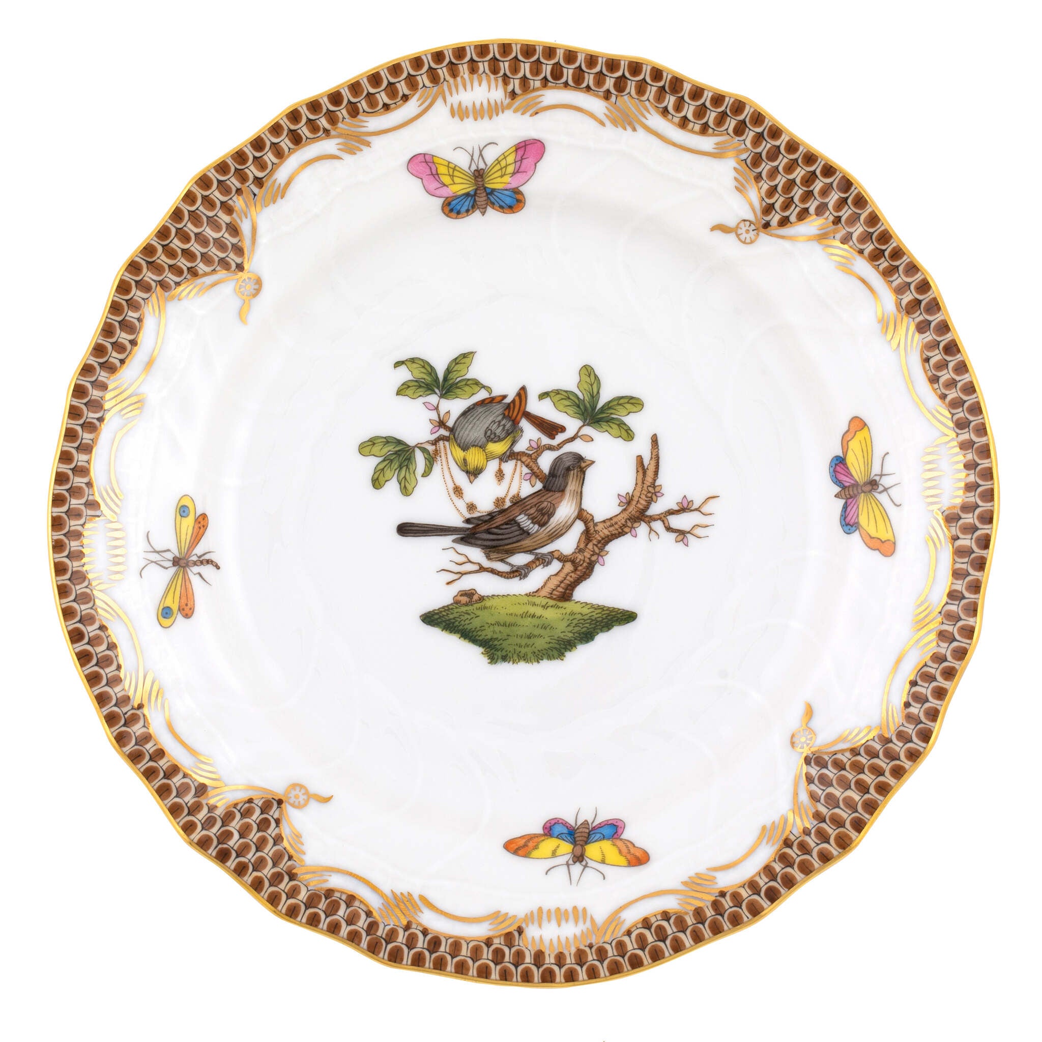 Hand-painted Herend Rothschild Bird Brown Border Bread and Butter Plate in fine porcelain, 6in D,, Motif 1, on a white background