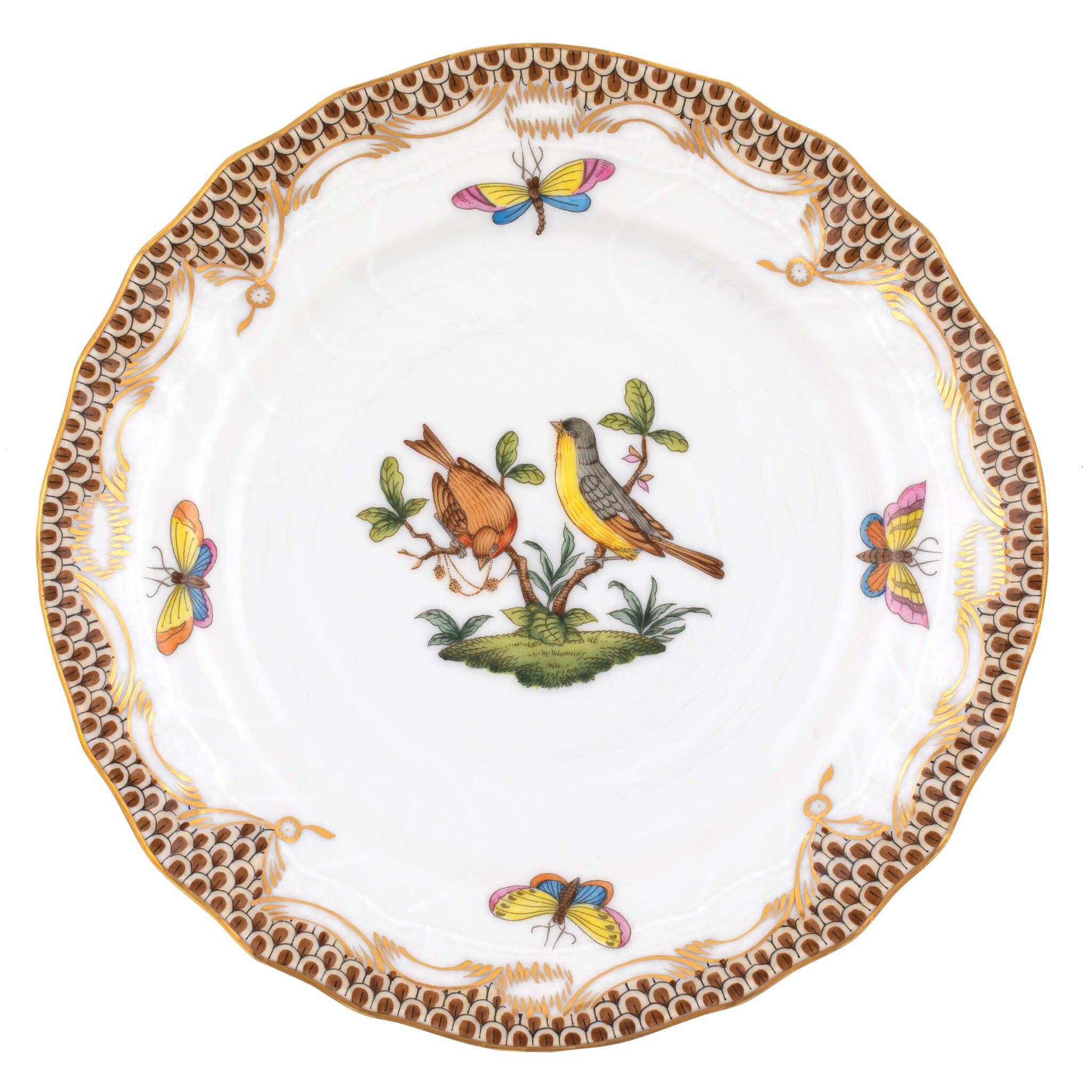 Hand-painted Herend Rothschild Bird Brown Border Bread and Butter Plate in fine porcelain, 6in D,, Motif 7, on a white background