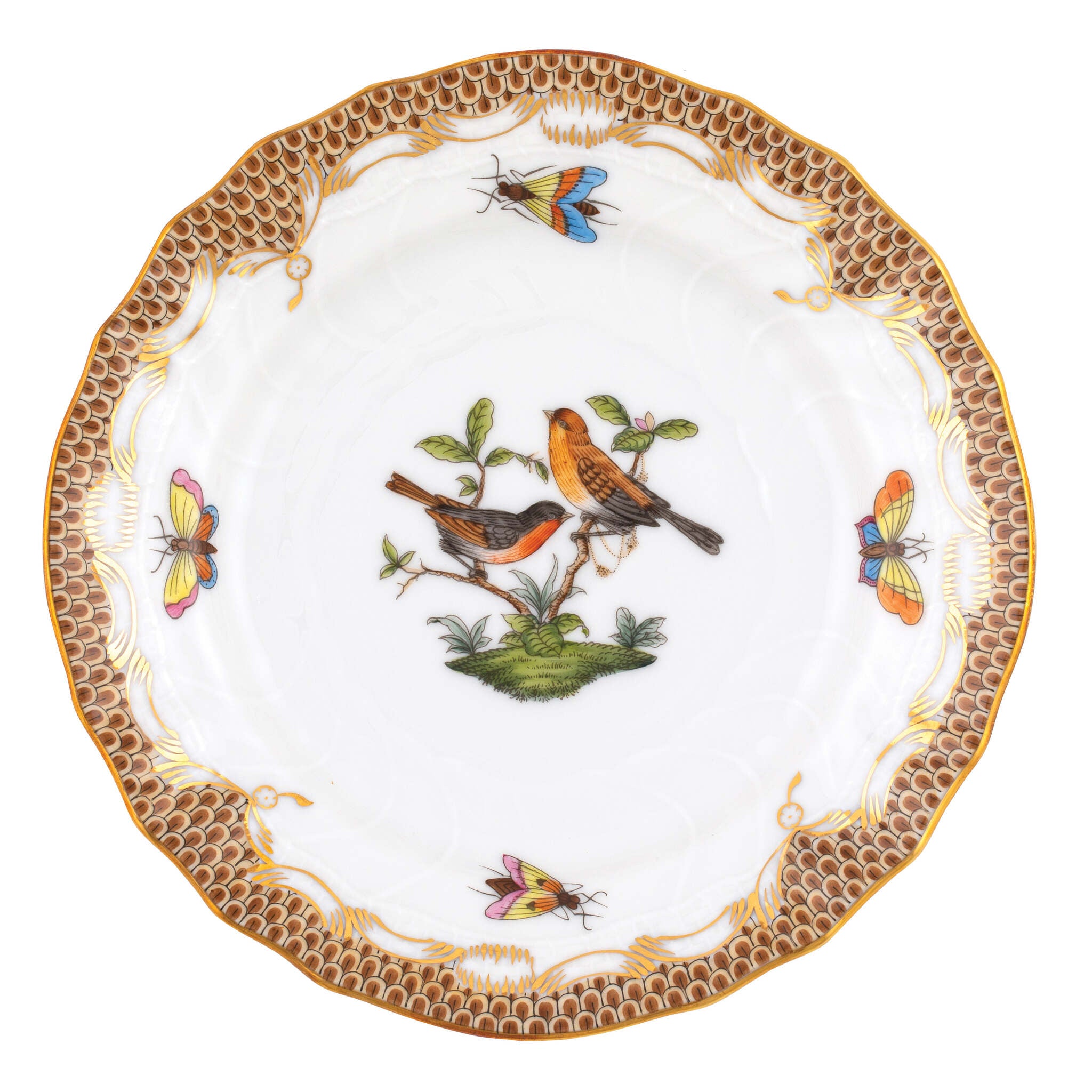 Hand-painted Herend Rothschild Bird Brown Border Bread and Butter Plate in fine porcelain, 6in D,, Motif 9, on a white background