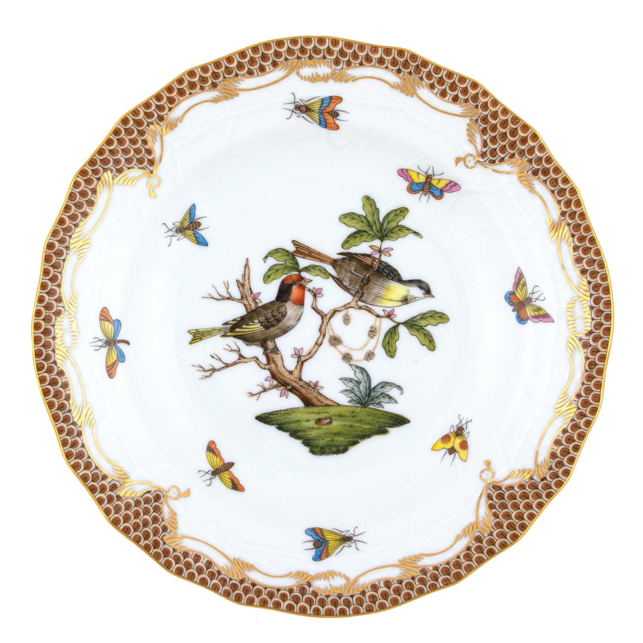 Hand-painted Herend Rothschild Bird Brown Border Dessert Plate in fine porcelain, 8.25in D,, Motif 11, on a white background