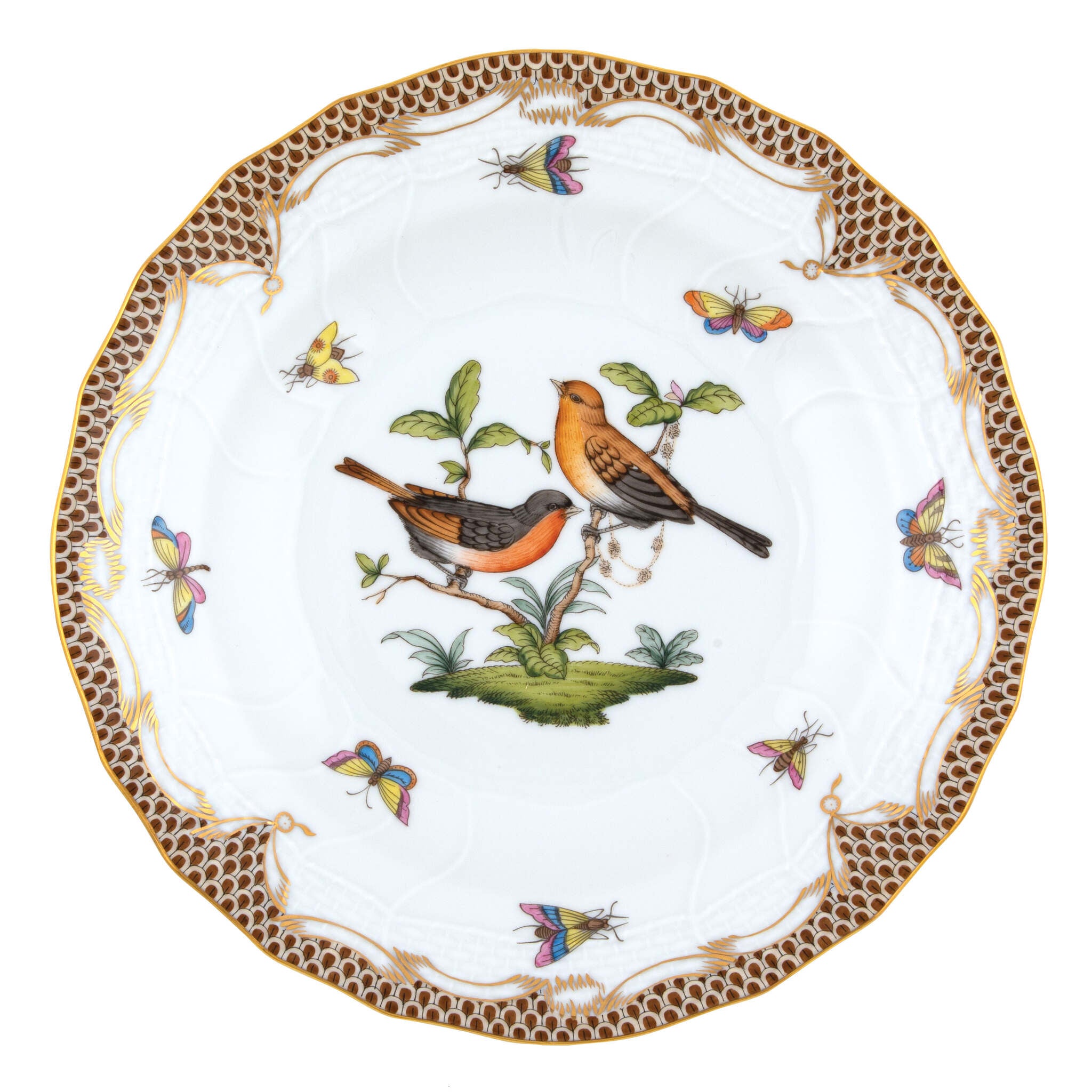 Hand-painted Herend Rothschild Bird Brown Border Dessert Plate in fine porcelain, 8.25in D,, Motif 9, on a white background