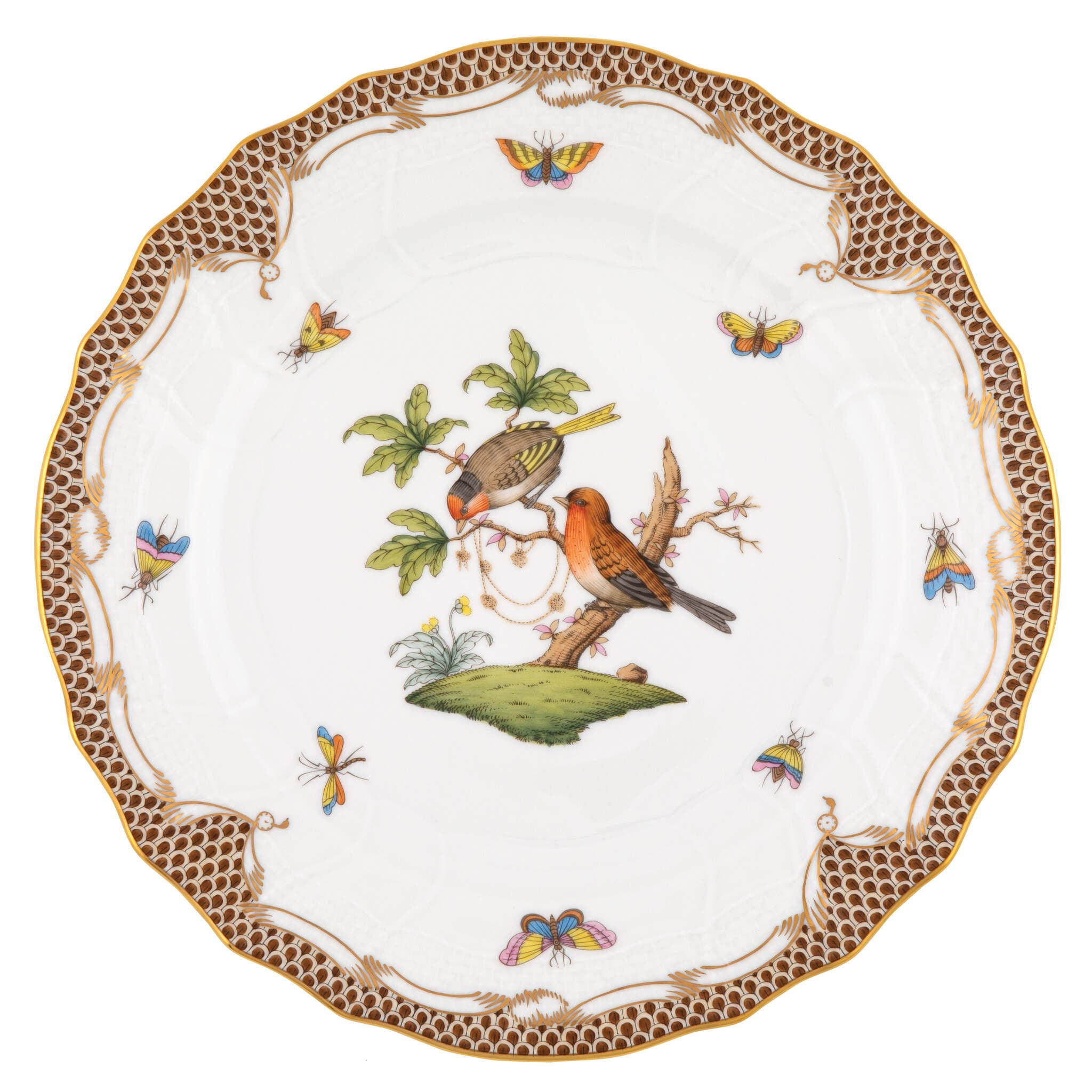 Hand-painted Herend Rothschild Bird Brown Border Dinner Plate, Motif 10, in fine porcelain, 10.5in D, on a white background