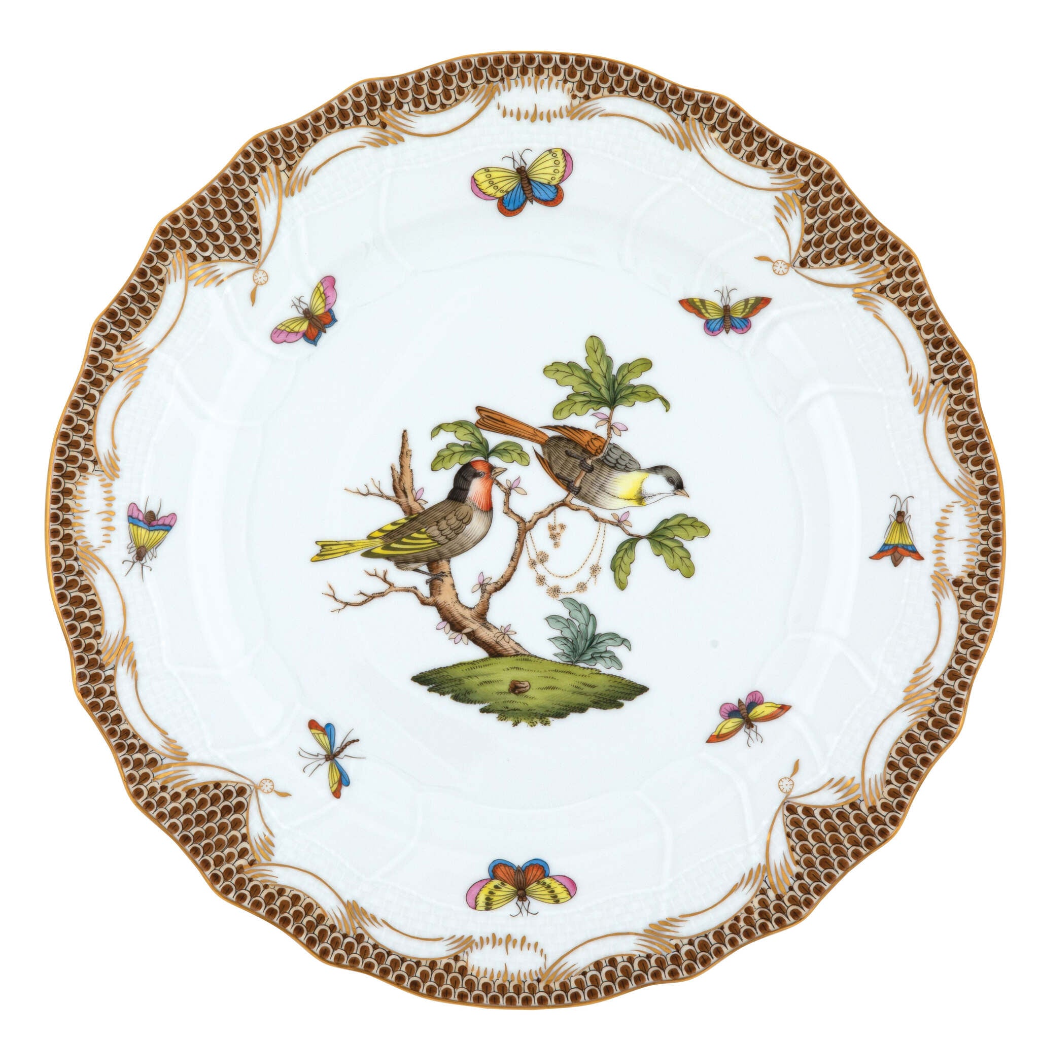 Hand-painted Herend Rothschild Bird Brown Border Dinner Plate, Motif 11, in fine porcelain, 10.5in D, on a white background