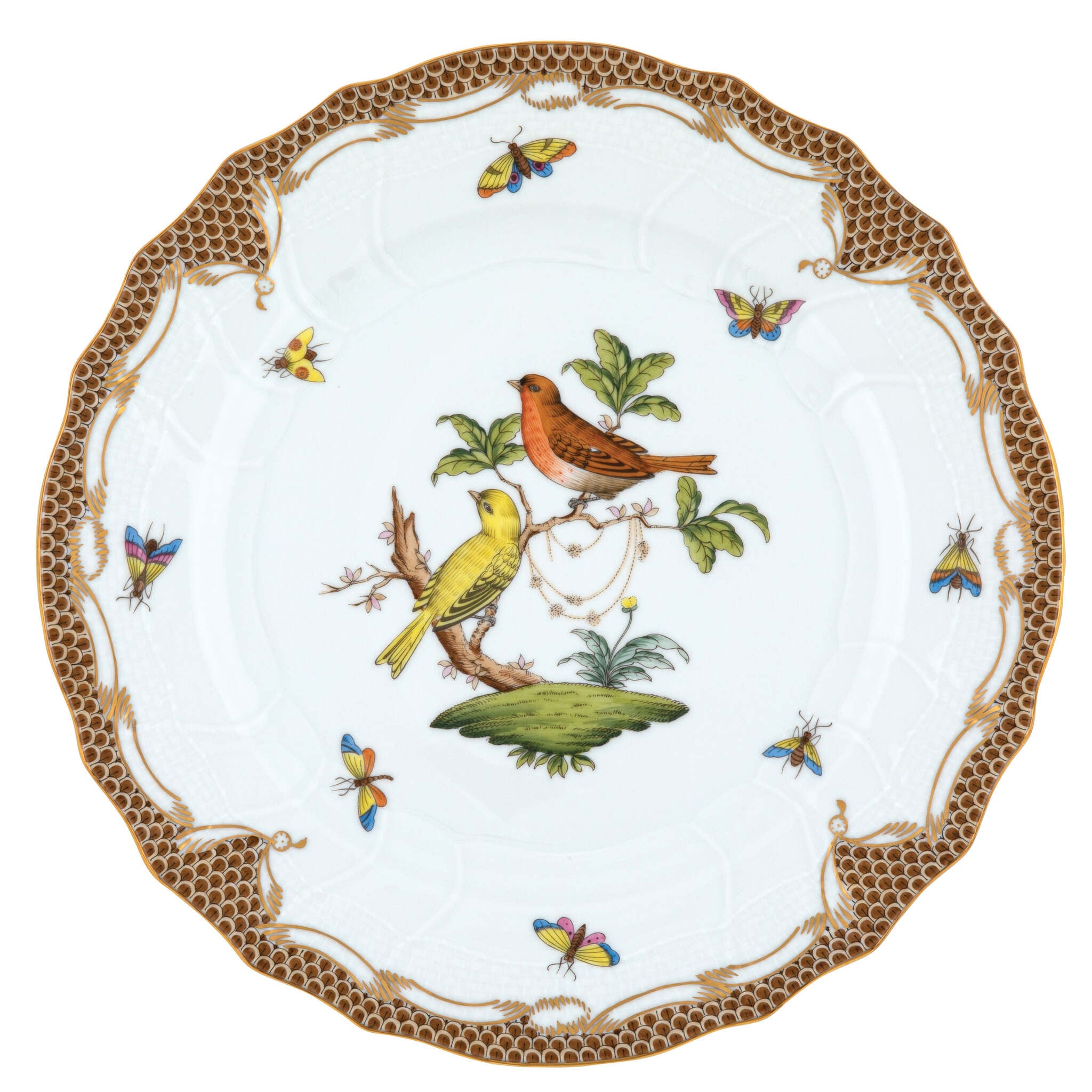 Hand-painted Herend Rothschild Bird Brown Border Dinner Plate, Motif 6, in fine porcelain, 10.5in D, on a white background